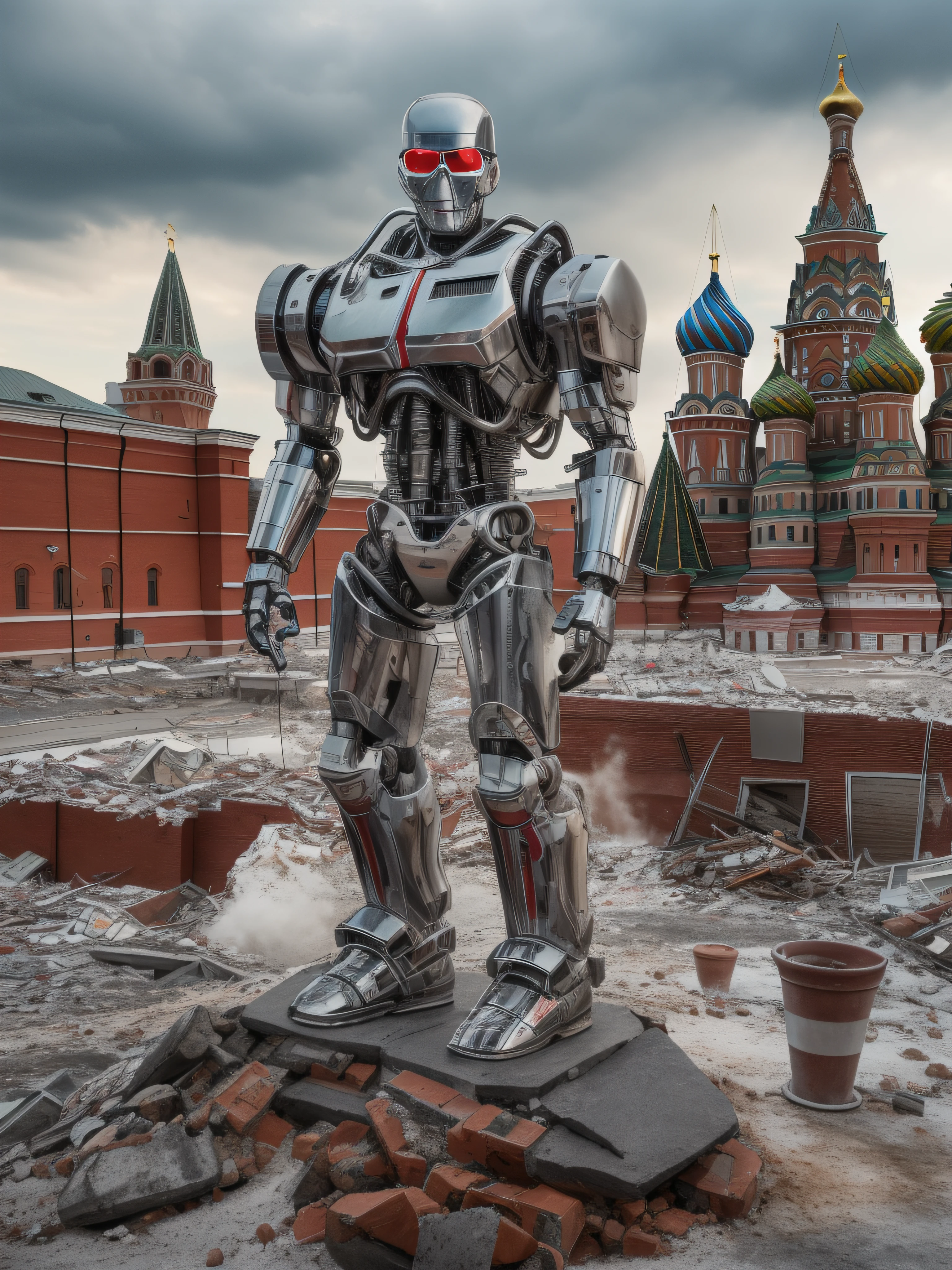 full shot, full water, terminator T-800 (CSM 101) stands against the background of the destroyed kremlin on red square in moscow, glossy chrome parts, red eyes, realistic chiaroscuro, super high quality, super high detail, clear focus, 32k, super naturalistic, hyper photorealistic