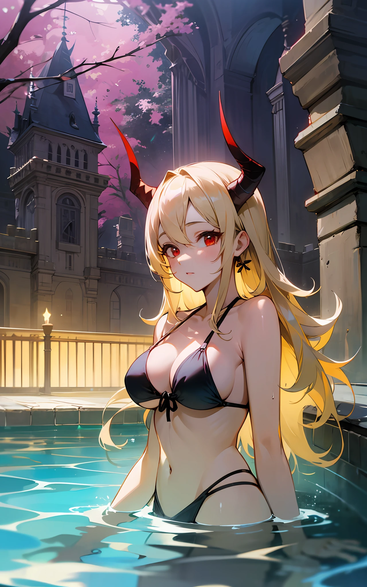 top-quality、hight resolution、detaileds、Beautiful Girl of the Demon Tribe、Long Blonde Hair、Sexy black bikini、In front of an old-fashioned castle、Stone Pool、red eyes、playing in the water、
