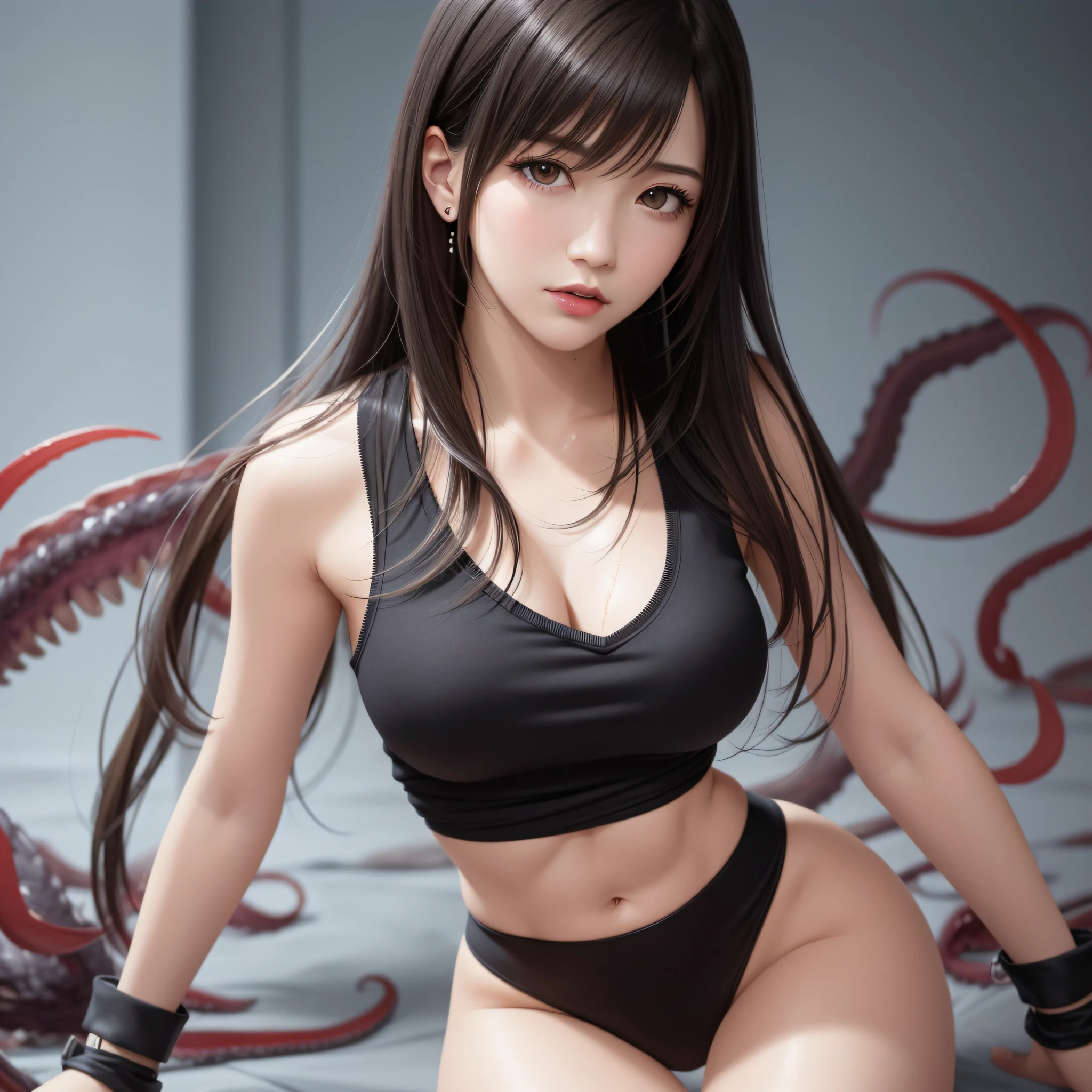 nsfw,(Top Quality, Masterpiece: 1.1), (Real: 1.4), BREAK (((FF7)))(((Tifa))),((5 monsters:1.5))(solo,1tifa:1.2),(A dark, barely lit torture chamber:1.3), BREAK (((FF7)))(((Tifa))),((Light Brown Hair, Large breasts: 1.2)), clothed, BREAK (((FF7)))(((Tifa))),((Surrounded by monsters:1.5, humiliated by black monsters:1.4)), (Tied With tentacles All Over Her Body :1.4), BREAK (white collared shirt:1.2), (No Bra) (No Panties) (Small and beautiful hard nipple), clothed,(shiny oiled skin: 1.4), wet hair, about 18 years old,sensual, BREAK ((stringy viscous liquid)), BREAK