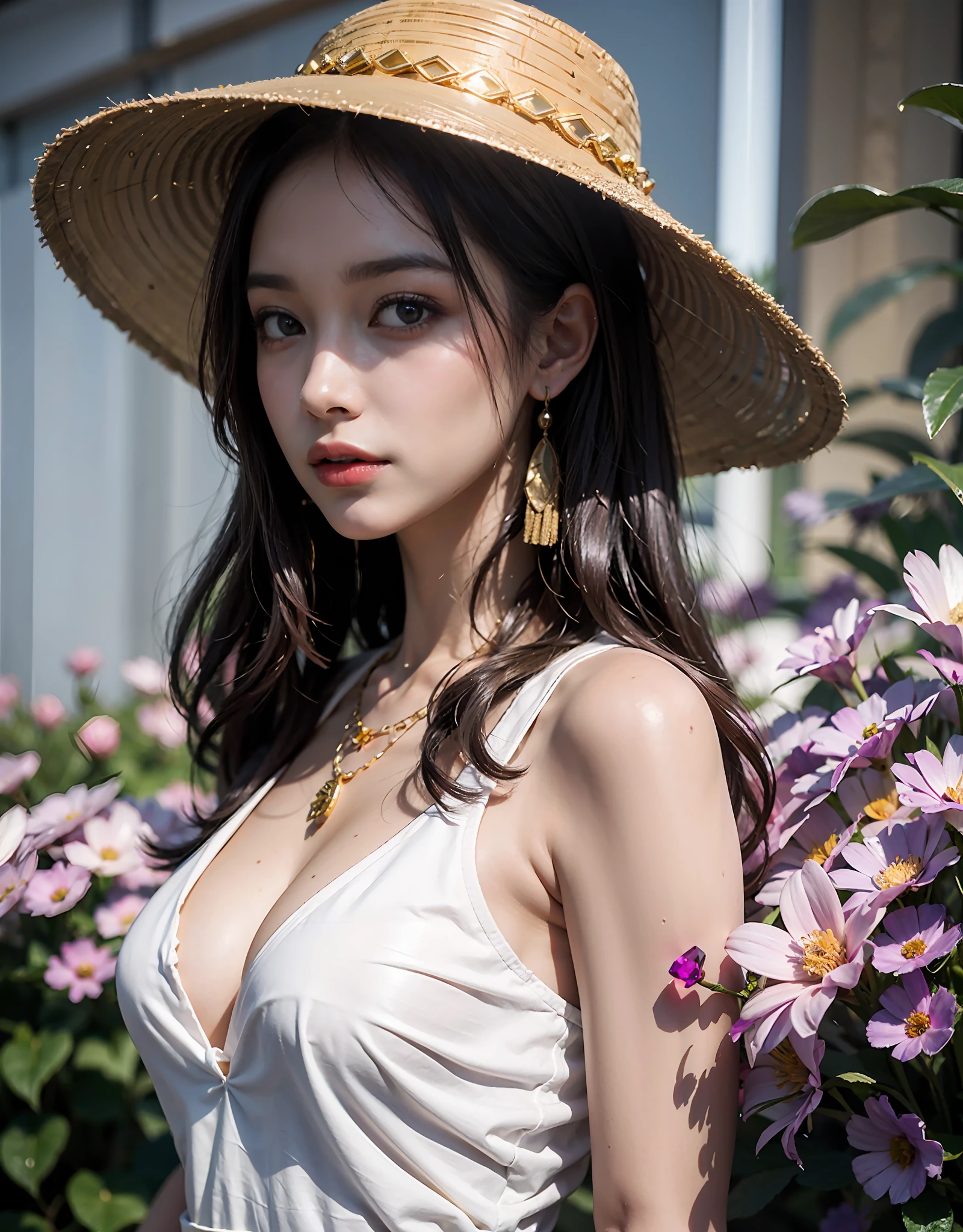 1girl,solo,20-year-old girl, walking in a busy market in Ho Chi Minh City, wearing a white AoDai with flower patterns, amethyst earrings, amethyst necklace, gold bracelet, wearing a vietnamese hat, delicate eyes, delicate face, big breasts, shiny skin, perfect body, perfect hands, perfect feet, the best masterpiece, masterwork, ultra-realistic photos of people, high-quality, high-quality, HDR, ultra-high resolution drawing,