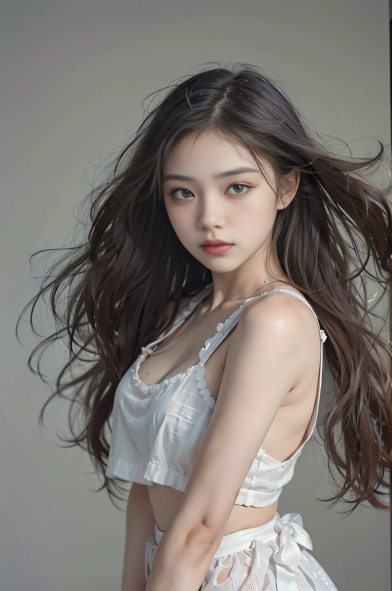 Top image quality、Raw photography、超A high resolution、18 year old cool Korean、big round chest、Camisole、skirt by the、Shiny hair、Beautiful Eyes of Details、very elongated eyes、Beautiful eyelashes、Beautiful double eyelids、eyeshadows、耳Nipple Ring、chest above close-up、Wall on grey background