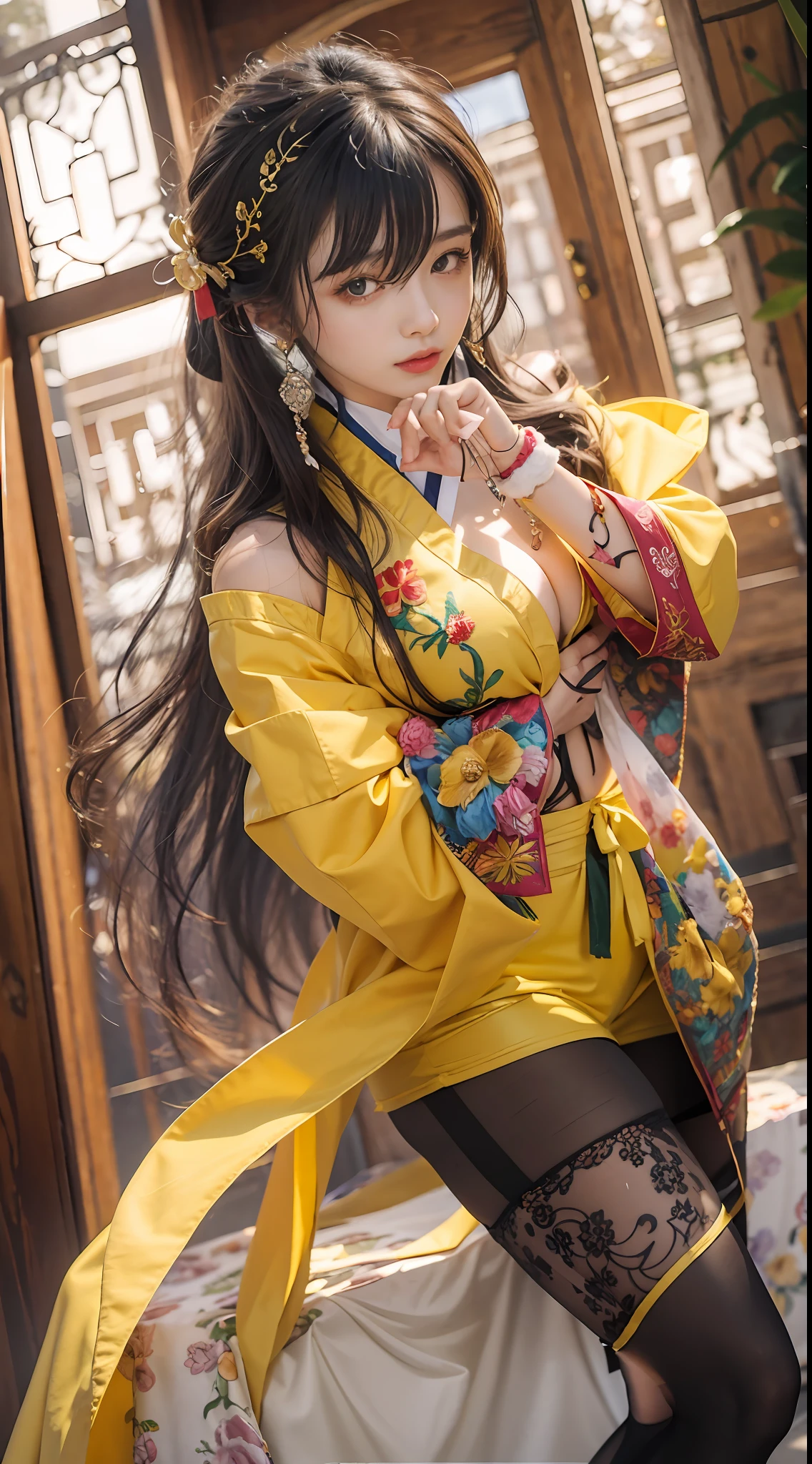 tmasterpiece, ultra fine photos, best qualtiy, 超高分辨率, realisticlying,a beauti,Raised sexy,The kinky is exposed,Good body,The yellow robe is embroidered with a pattern,,Exposing thighs,Temple,