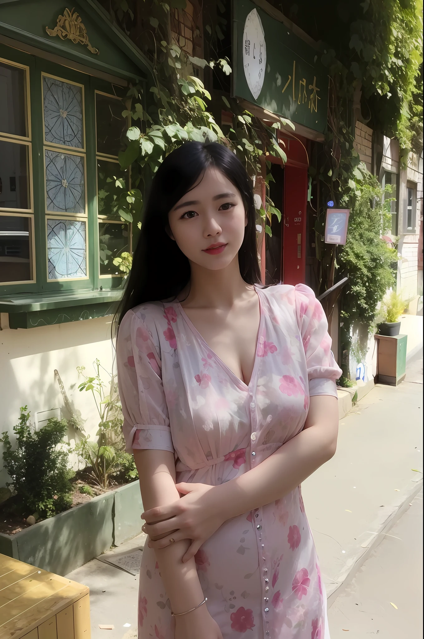 Woman in pink dress standing on the sidewalk in front of the building, xintong chen, Beautiful young Korean woman, beautiful Korean women, A young Asian woman, Chinese girl, Gorgeous young Korean woman, Young Asian girl, yanjun cheng, Korean girl, wenfei ye, xue han, Young Asian woman, gongbi, Eat Zhuoxin