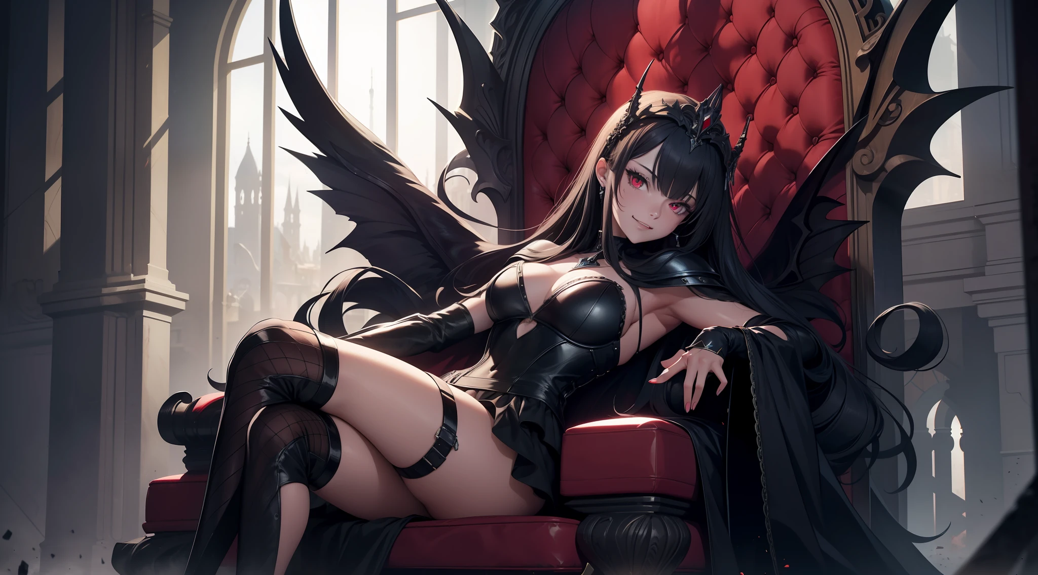 8K raw photo, Best quality, masterpiece, ultra high res,colorful,(photorealistic:1.4),raw photo, neonlight\(ttp\),1girl,solo,(perfect body shape),evil and beautiful, playful, smile, red eyes, (blood), dynamic angle, lying on throne, mystical, fanatic, intricate, surreal, delicate, wearing armored gothic dress,cinematic lighting, perfect face