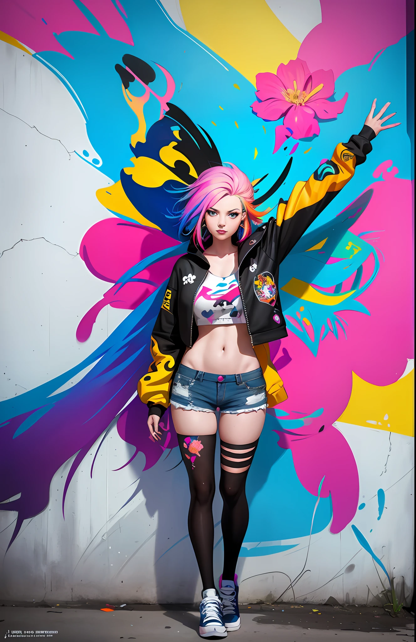 Graffiti art of a woman with colorful hair and flowers,8K street art,beautiful digital art,Amazing artwork,streetart,streetart,Incredible art,Incredible art,streetart:2 masterpieces,Painted on a huge wall,streetart:4 masterpieces,streetart:4 masterpieces,Beeple and Jeremiah Kettner, Incredible digital art,modern street art
