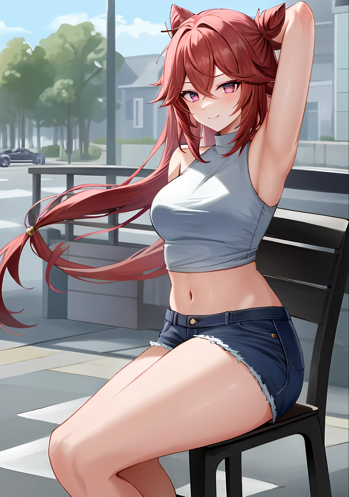 (masterpiece, best quality, ultra-detailed), keqing \(genshin impact\), (red hair), cone hair bun, twin tails, long hair, swept bangs, braid, braided bangs, purple eyes, pink eyes,
(wearing a t-shirt:1.2), sitting on a chair outside of caf, embracing the natural beauty, sunlight, beautiful cloudy sky, city, street, denim shorts, black stocking,
medium breasts, thick thighs, critical angle, cowboy shot, arm behind head, arm behind back, armpits, light smile, crop top, strong and seductive expressions,,