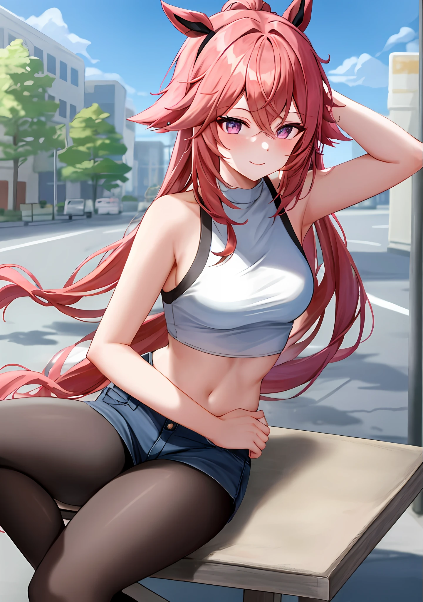 (masterpiece, best quality, ultra-detailed), keqing \(genshin impact\), (red hair), cone hair bun, twin tails, long hair, swept bangs, braid, braided bangs, purple eyes, pink eyes,
(wearing a t-shirt:1.2), sitting on a chair outside of caf, embracing the natural beauty, sunlight, beautiful cloudy sky, city, street, denim shorts, black stocking,
medium breasts, thick thighs, critical angle, cowboy shot, arm behind head, arm behind back, armpits, light smile, crop top, strong and seductive expressions,,