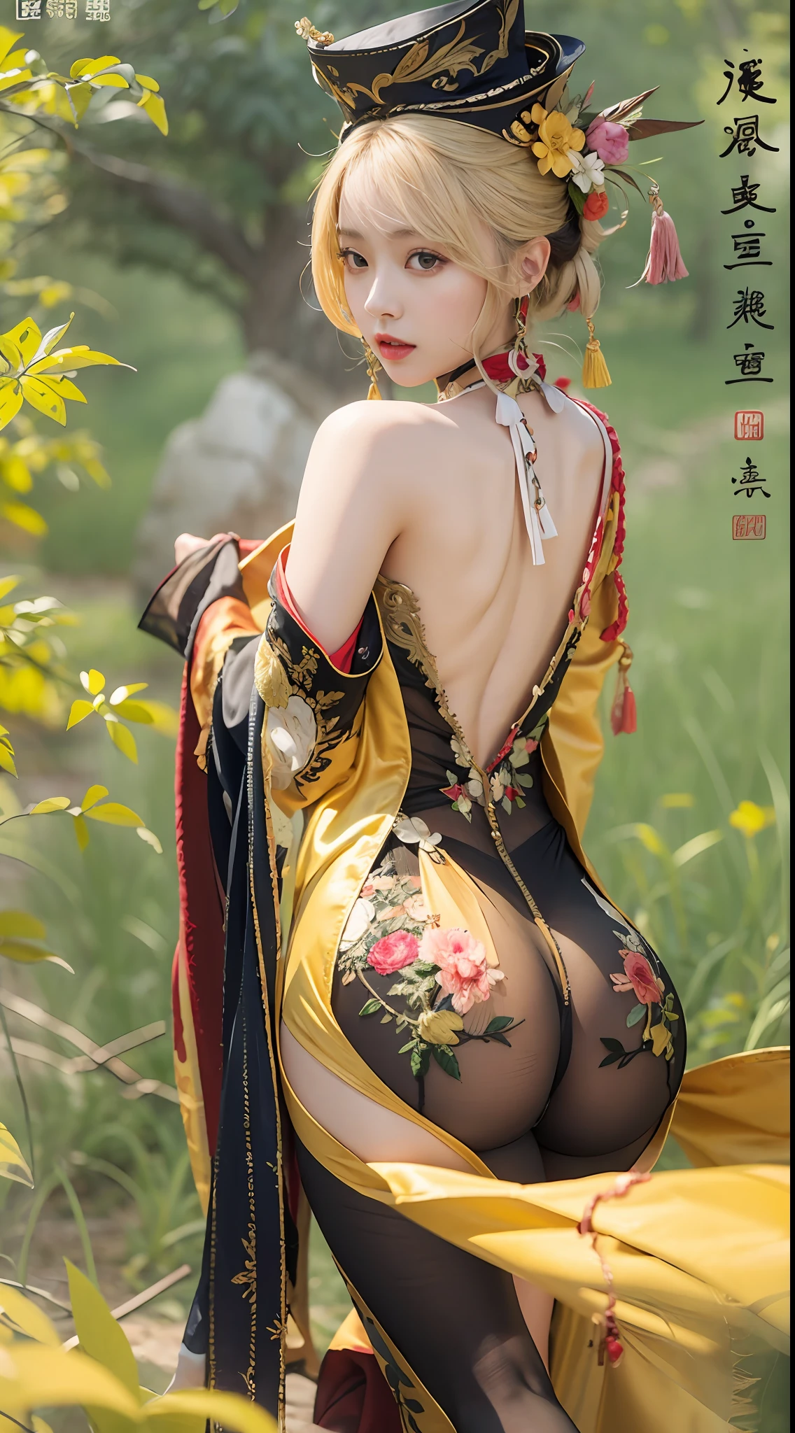 tmasterpiece， ultra fine photos， best qualtiy， 超高分辨率， realisticlying，a beauti，Raised sexy，The kinky is exposed，Good body，The yellow robe is embroidered with a pattern，，Exposing thighs，Temple，