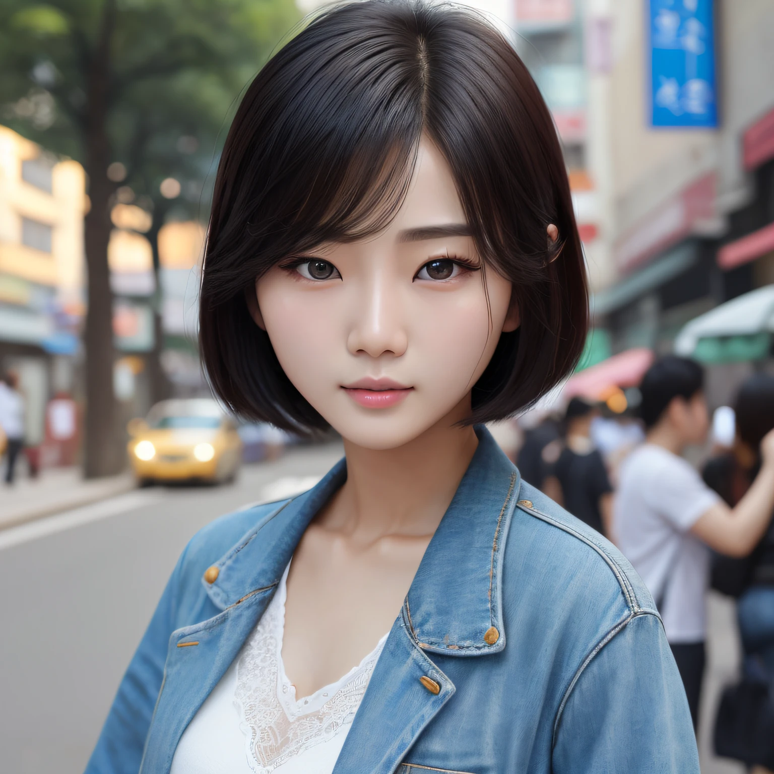 On the street yes，gorgeous korean young woman，beautiful Korean women，Beautiful Korean young woman，Korean girls，Beautiful Asian Girls，gorgeous chinese models，Korean woman，Cute and delicate face，ulzzangs，Beautiful girl model，Korean female fashion model，Beautiful asian woman，Young and cute Korean face，Short hair and glare，Best quality, 超高分辨率, (Photorealistic:1.4), Ultra detailed, Masterpiece, (8K, RAW photo, Best quality , :1.2),Delicate face，Delicate figure，high high quality，Real human skin ，Realistic Facial Expression --auto
