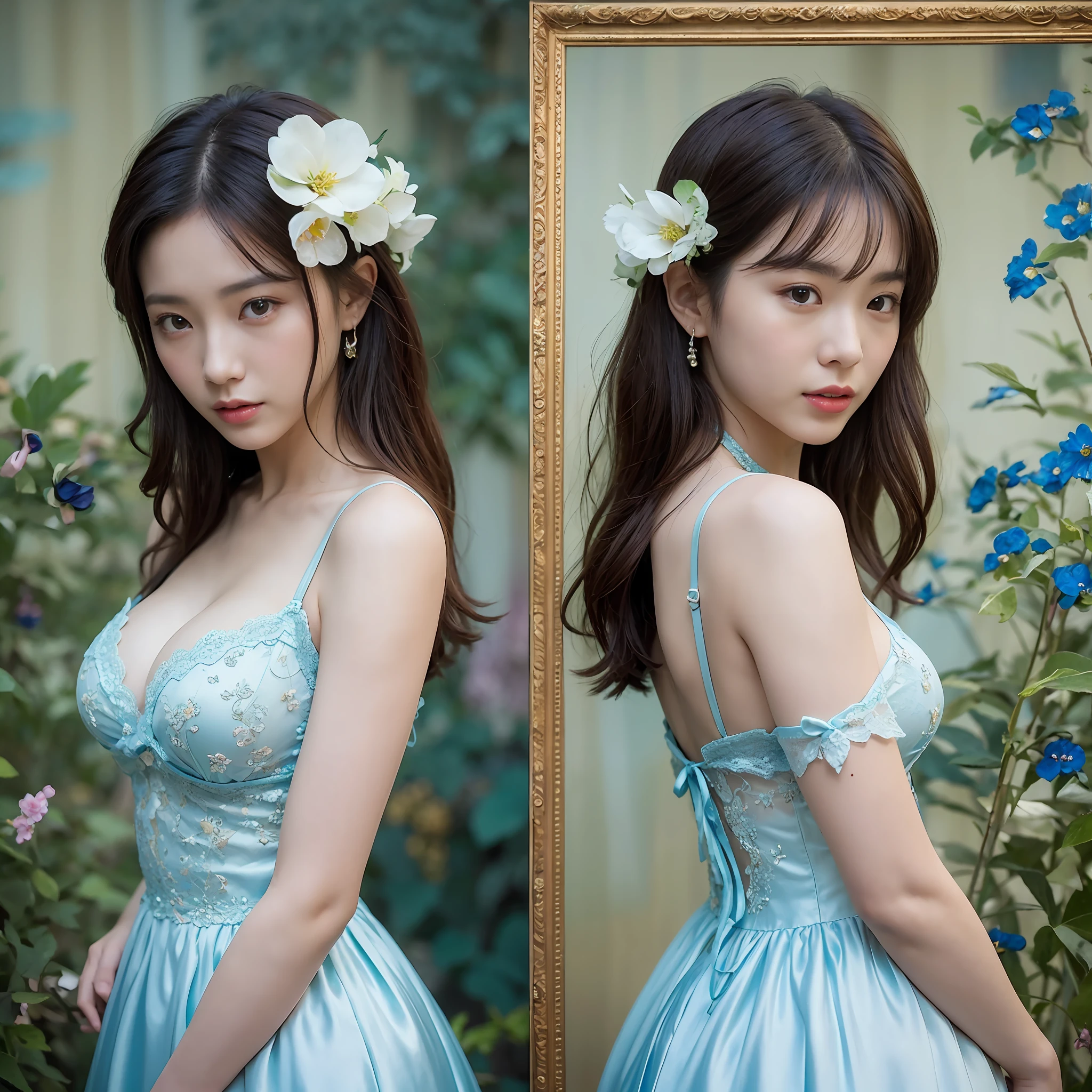 (top-quality、​masterpiece:1.2)、portraitures、breastsout、outside of house、25-year-old woman named Yiping in the garden:2、Shaded sleeveless long dress lace、Satin fabric 、Confusing light blue flowers on background:1.3)the same character、different costume、Different Angle、back lighting:1.5、More on rich skin:1.5、