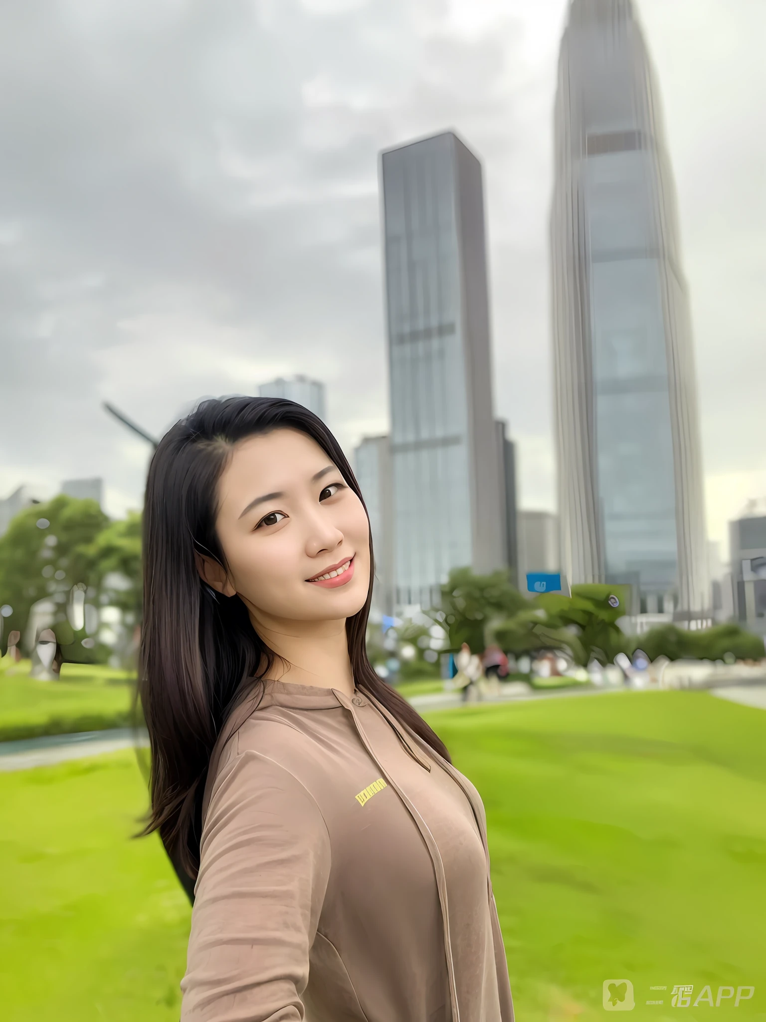 Arad woman in brown shirt standing in a park,The background is a city, wenfei ye, xintong chen, zeng fanzh, 8k selfie photograph, with a park in the background, Zhang Wanting, Li Zixin, chengyou liu, 2 7 years old, xision wu, 2 8 years old, Gemma Chen