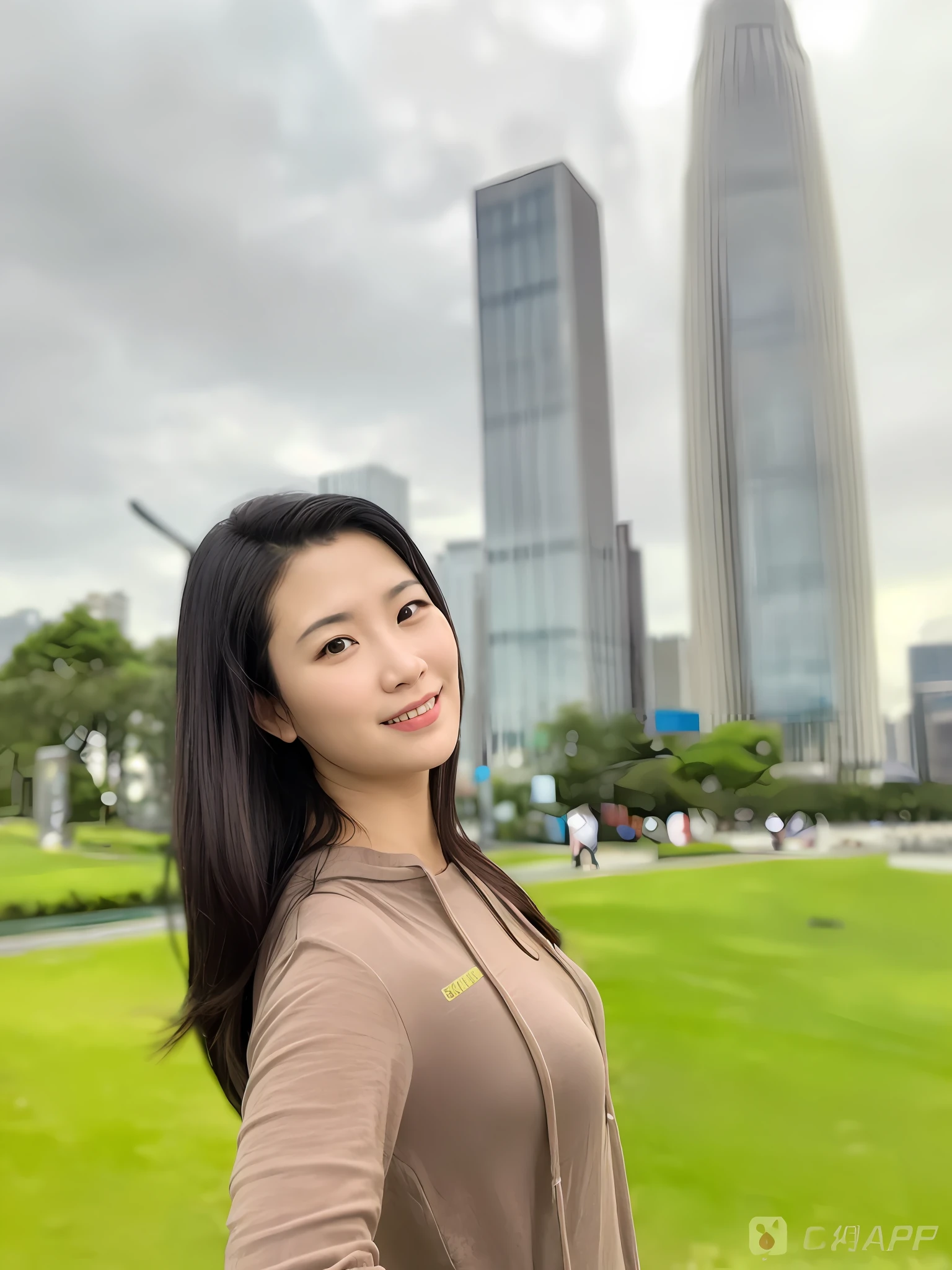 Arad woman in brown shirt standing in a park,The background is a city, wenfei ye, xintong chen, zeng fanzh, 8k selfie photograph, with a park in the background, Zhang Wanting, Li Zixin, chengyou liu, 2 7 years old, xision wu, 2 8 years old, Gemma Chen