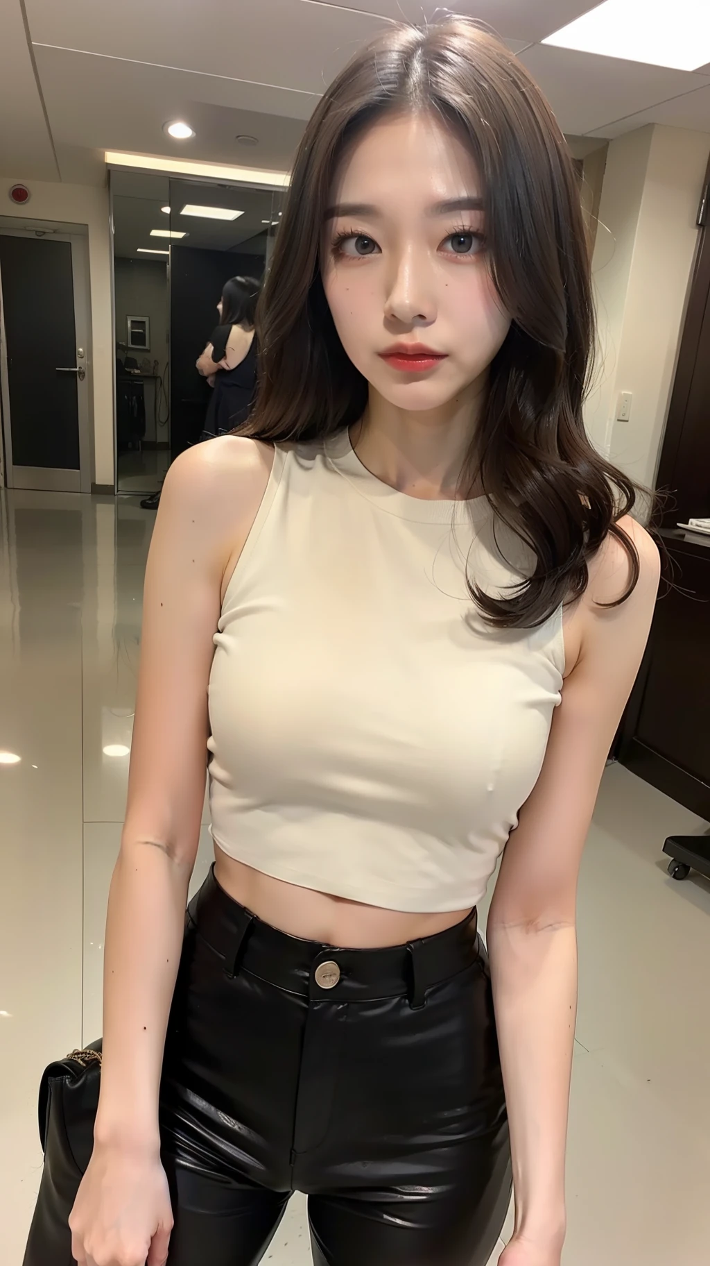 A mature beauty,wavy and long hair,good body,Short top,Crop topping,hot pant,Smooth skin,Confused eyes,sweat leggs,exquisite facial features,tmasterpiece,Highest image quality,terrazzo