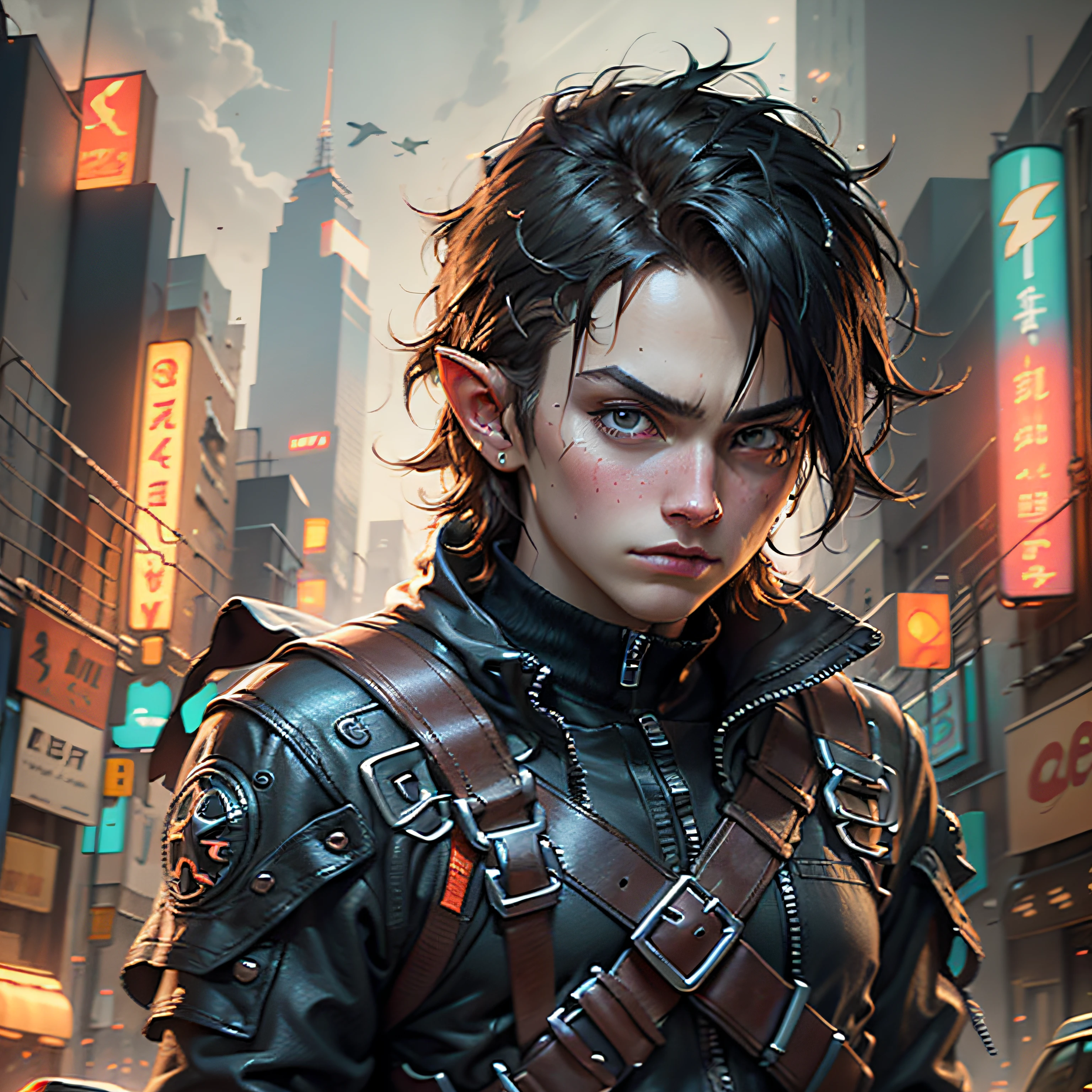 ultra detail, high resolution, ultra detailed, best quality, amazing, top quality, extremely detailed CG 8k wallpaper unit, cinematic lighting, Zelda cyberpunk link, cyberpunk, dark boy, black clothing, black armor, neon berde, brown hair,