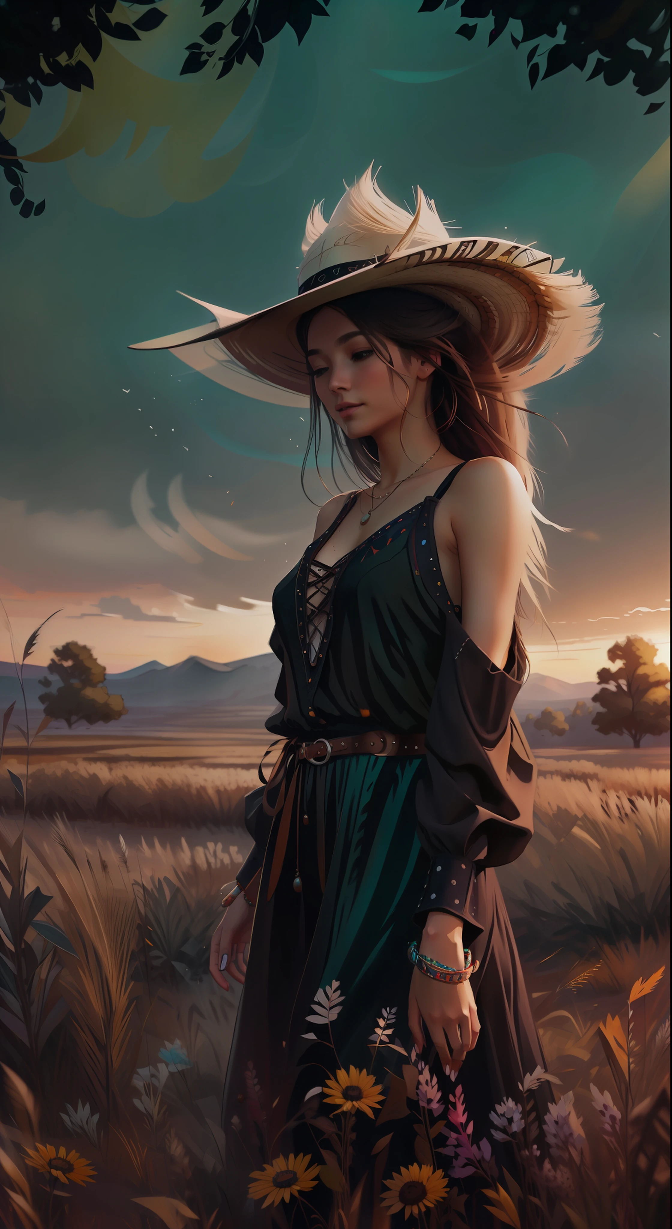 wide-angle image of a BEAUTIFUL COWGIRL girl in the field At sunset, high detail, dancing happily outdoors with long black dress and long hair blowing in the wind, sunset scene, details of sunlight illuminating the girl, she seems to be dancing free ballet in the vastness of the field, stunning, highly detailed, 8k, ornate, intricate, cinematic, clear, dancing outdoors, trails, sun shining, hair blowing in the wind, live action, reality, transparency, realistic description, girl in black sweater dress, standing figure, barefoot, hair blowig in the wind, shoulder-length hair, large a beautiful happy theme, vivid imagery and light, cheerful tones