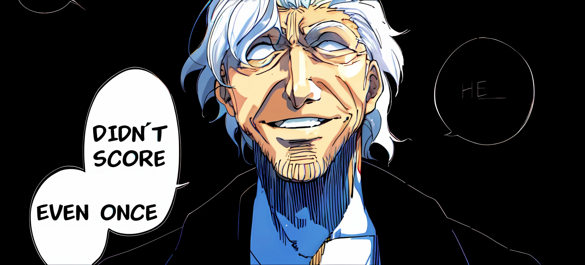 old man, jacket, smile, open mouth, white eyes, white hair color, color manga, manga color, color manga, color manga panel, simple background, a black background