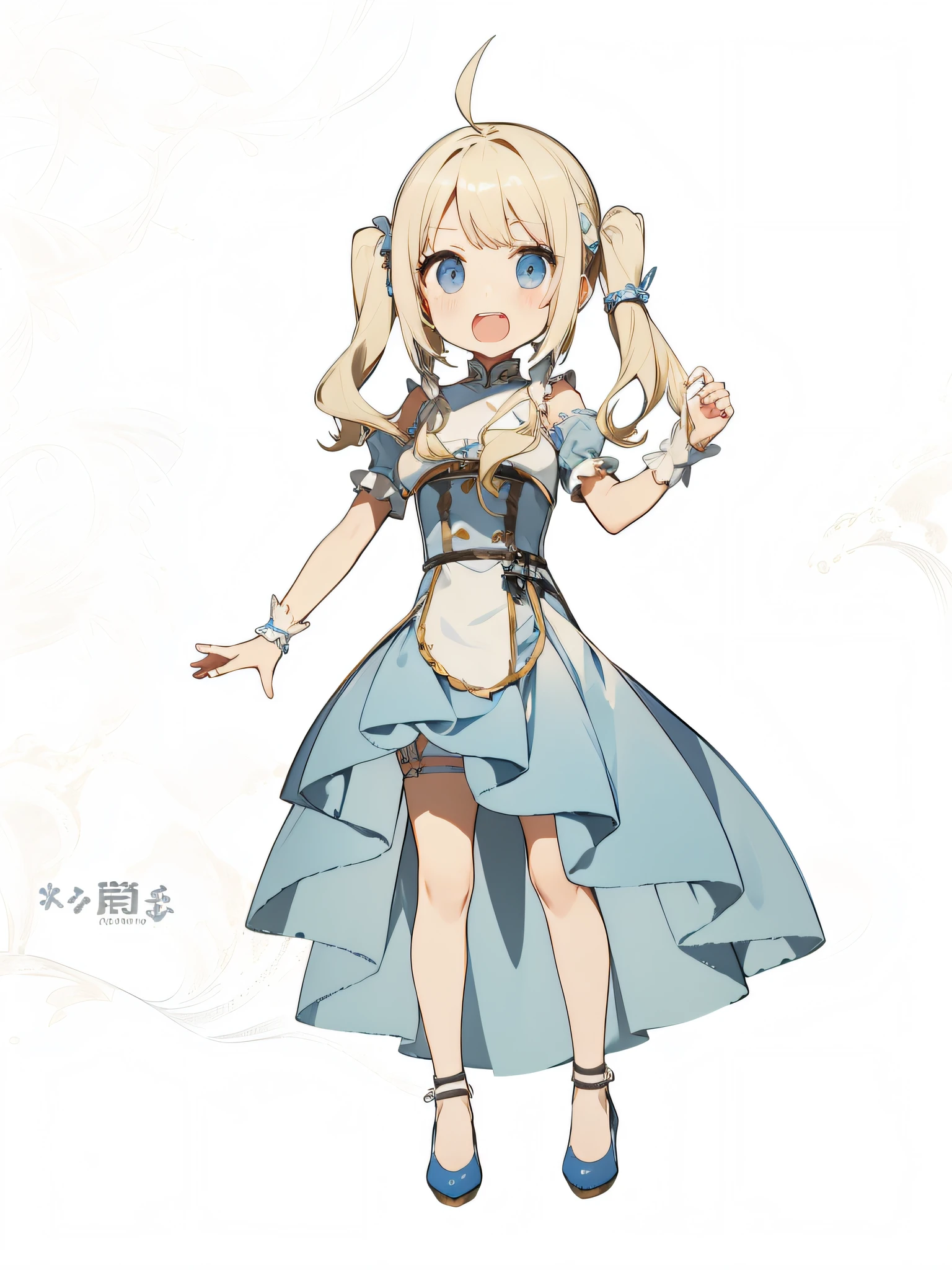 Ahoge blonde twin tails and metal hair ornament、White Sleeveless Cheongsam、White short-sleeved puff sleeves、White ruffled cuffs and metal bracelet、Light Blue Asymmetrical Fishtail Dress、white panniers、Metal choker、Metal Garter Rings、Metal pump