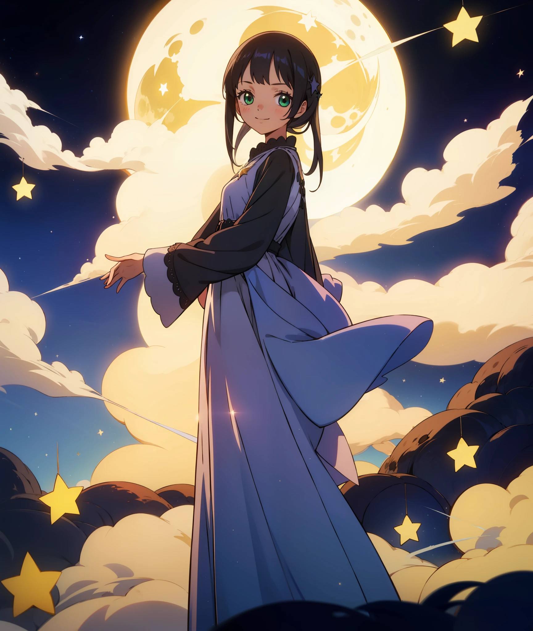 1girl, black hair, green eyes, grey dress, long sleeve, long dress, shy, stars, star, night, moon, calm, small smile, shy, meek