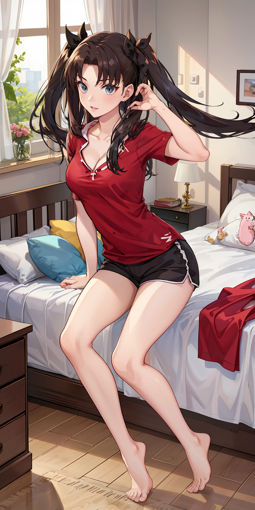 long hair, black hair, medium breast, slim legs, nervous,  pajamas, cleavage, bedroom, shorts, rin tohsaka, twin tail