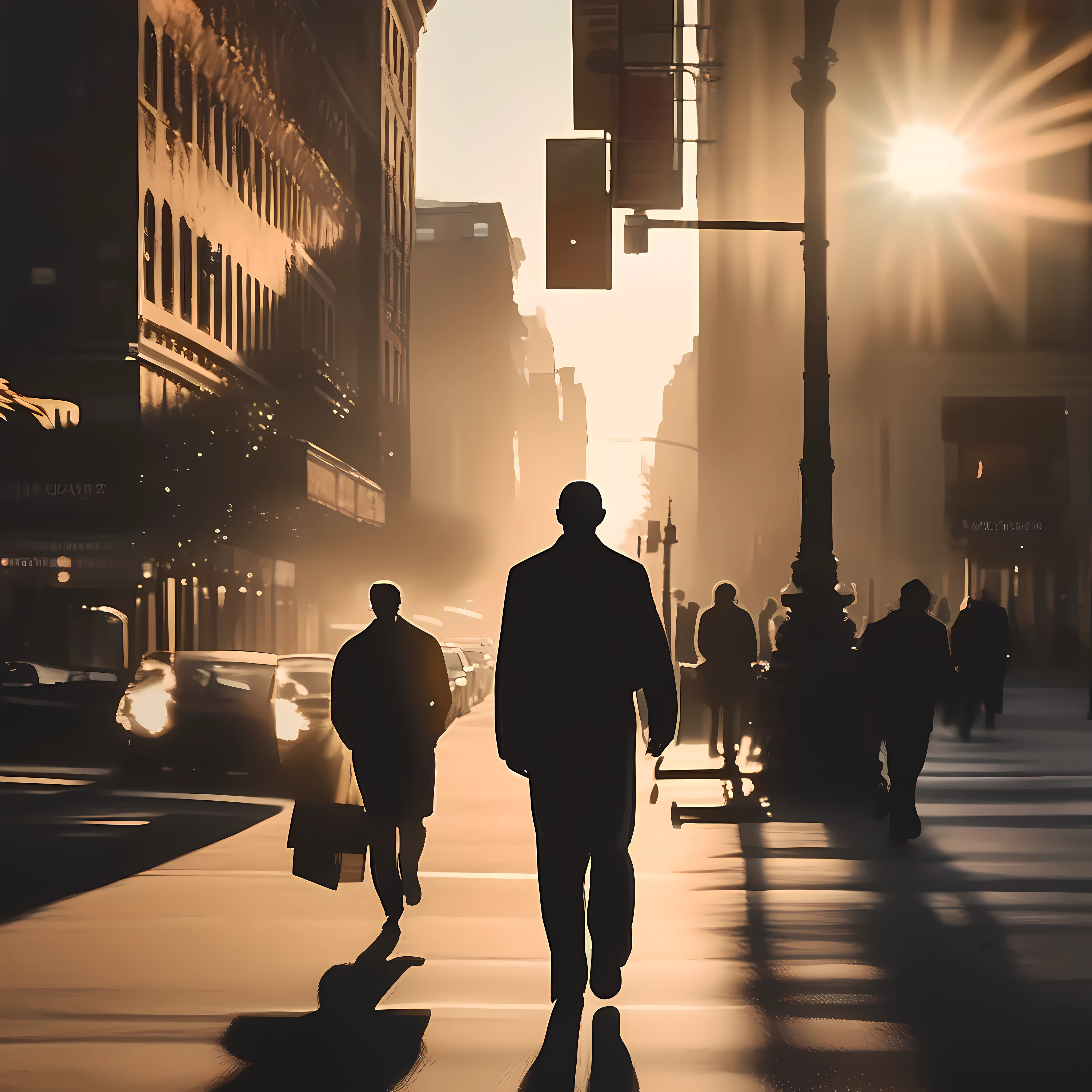 An elegant and laid-back arafe man walking down a busy street in the morning, sourire charismatique, silhouette nette, Ambiance urbaine dynamique, Warm light filtered through buildings, reminiscent of the energy of New York in the early morning.