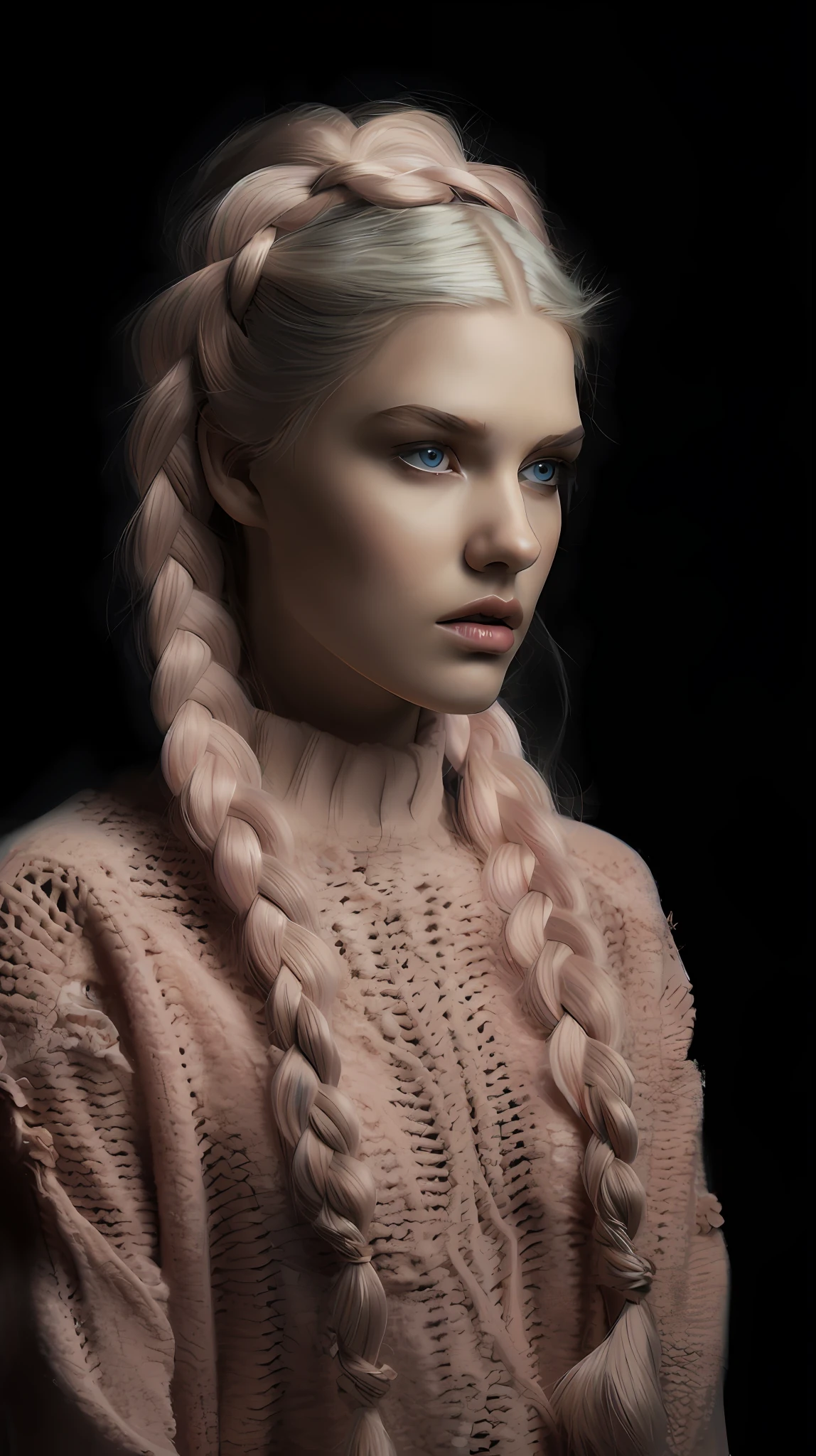 Blonde woman with pink braids and blue eyes in a pink sweater, blonde braids and blue eyes, Hairstyle Braids, girl with plaits, Cabelo de rabo de porco, Two Hairstyles Braids, pigtail braids, cabelo loiro com rabo de porco, foto retrato suave 8 k, pelos em rabos de porco, portrait of nordic girl, rabo de porco longo, Beautiful Nordic woman, plaits