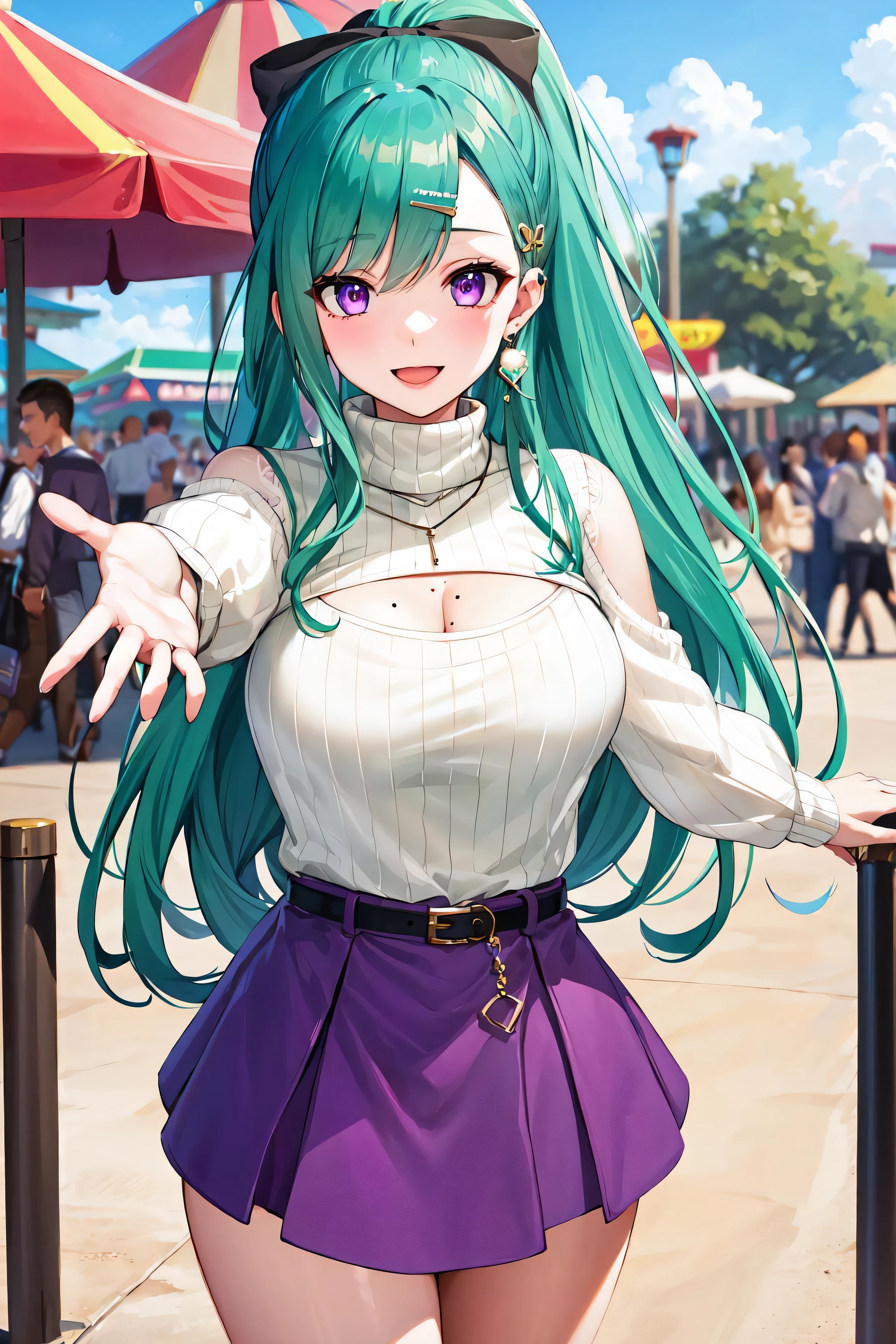 masterpiece, best quality, highres, yakumodd, long hair, ponytail, hair bow, triangle earrings, cleavage cutout, mole on breast, purple skirt, white sweater, turtleneck, belt, necklace, long sleeves, hairclip, reaching out, amusement park, standing, smile, open mouth,