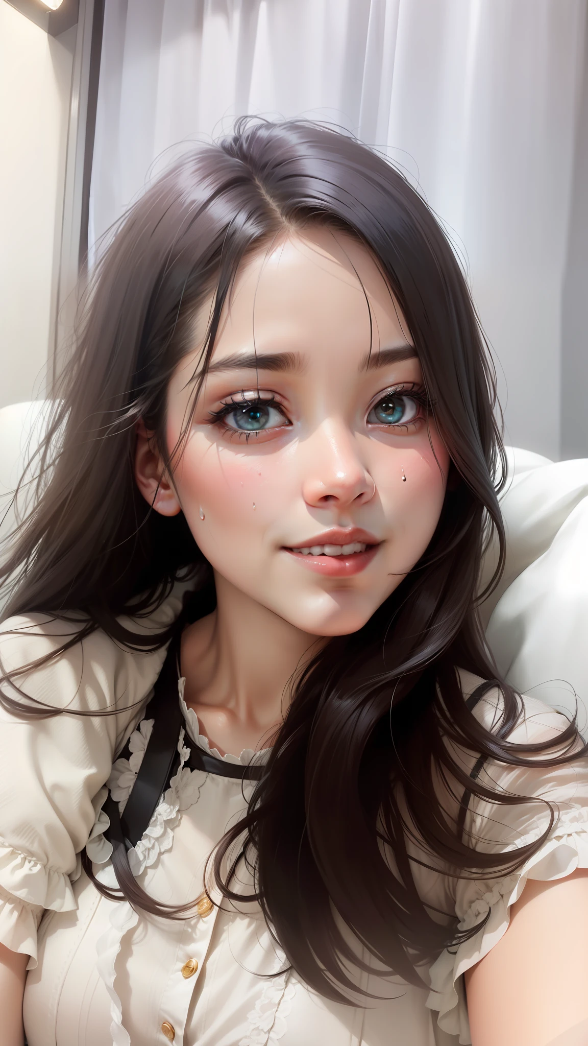 （best qualtiy）， （tmasterpiece）， （A high resolution）， Original， Extremely detailed 8k wallpaper， （An extremely delicate）， best qualtiy， tmasterpiece，  超A high resolution， （Photorealsitic：1.4）， RAW photogr，  Photo of young girl in Taiwan， She played with her breasts， sweat leggs， Sweaty body， （Transparent fabric：1.25）（baggy：1.5）Lace strapless dress， （（puffy eye））， deep shading， low tune， cold light， Deep contrast， Bokeh， depth of fields， Angle below， low angles， （looking at viewert， Smiling softly），  （（The upper part of the body））， （（Straight Photos））， exposure blend， Medium beat， Bokeh， （hdr：1.4）， hight contrast， （cinematic ligh、Teal and orange：0.85）， （pastelcolor， soothing tones：1.3），