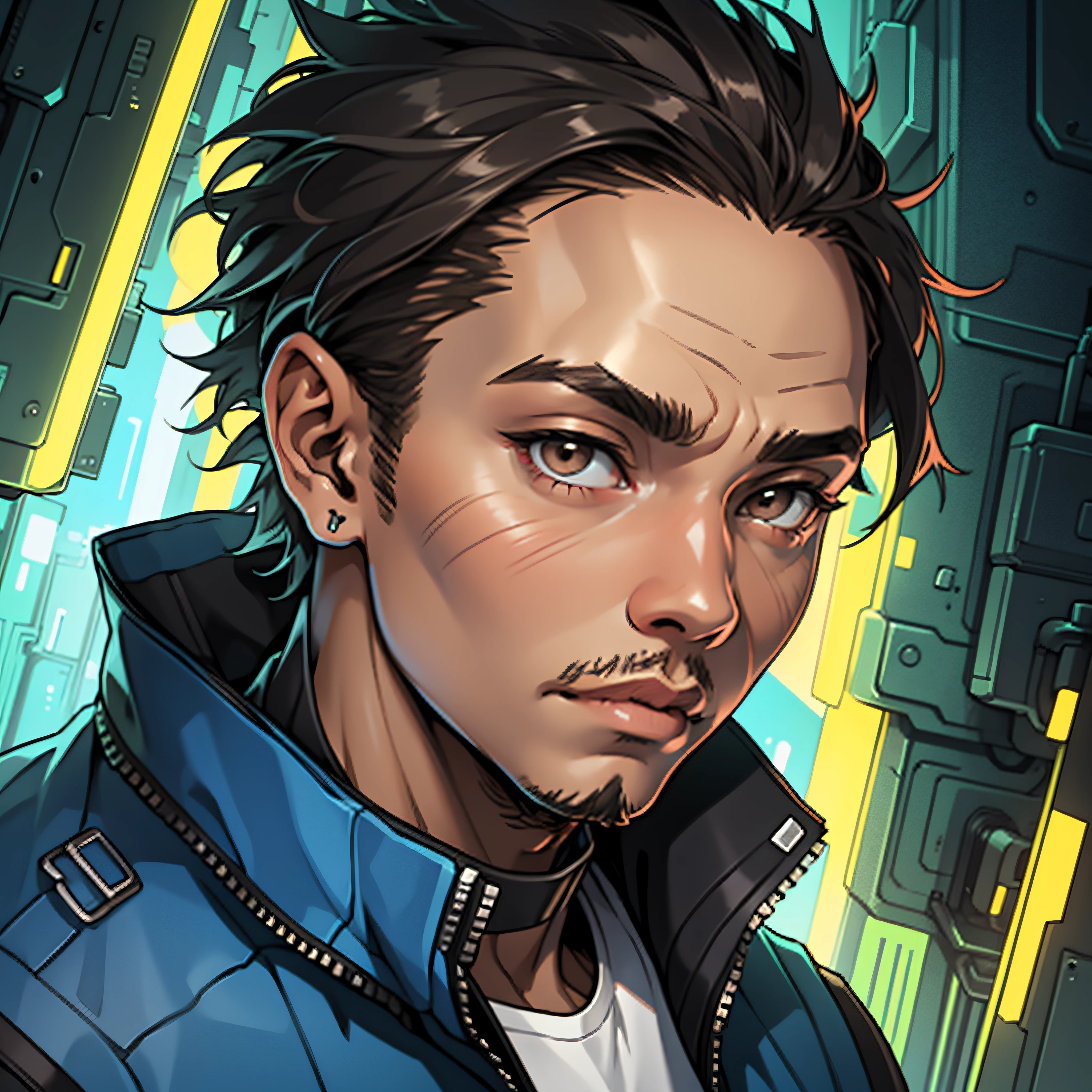 masterpiece, high quality, 1 black boy, solo, black male focus, brown eyes, bald blacklight, from above, cyberpunk, blue jacket.