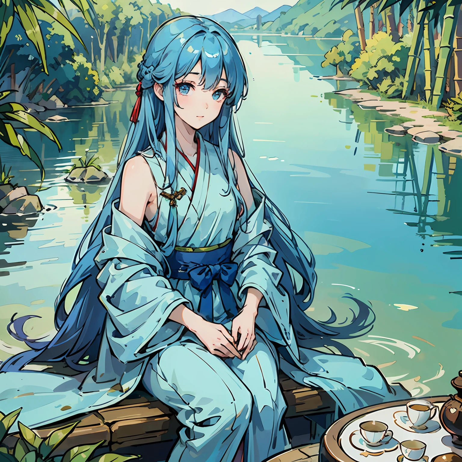 Masterpiece, best quality, official art, 8k wallpaper, highly detailed, illustration, 1 girl, sky blue hair, long hair, detailed eyes, Forrest Gump, bare shoulders, hanfu, lake, pure, soft smile, bamboo, tea --auto