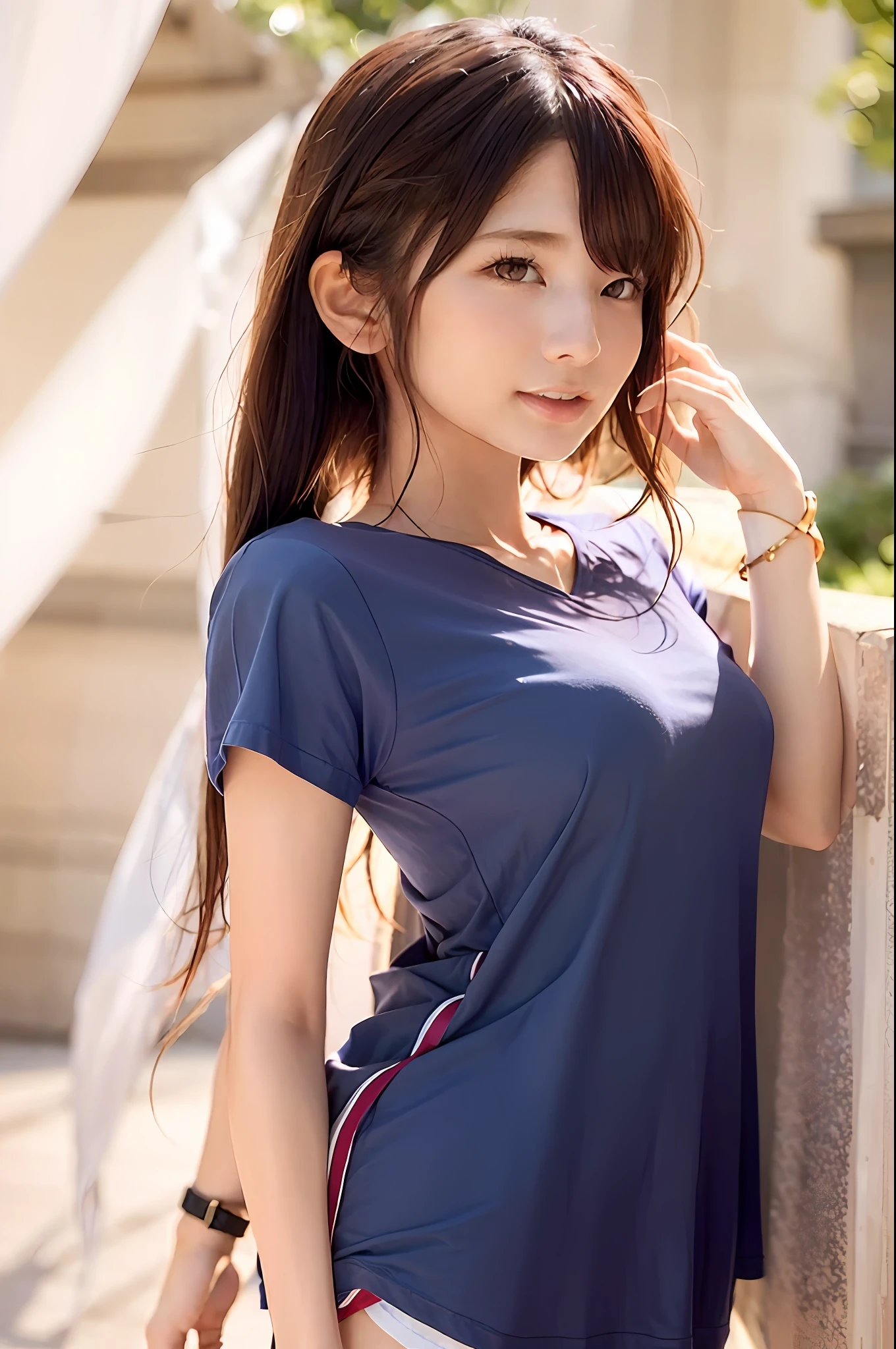 8K, Best Quality, 1girl, (skindentation), Morning, (bright), Blurred background, Outdoors, (Street:0.6), (People), Crowd, Beautiful bangs, Gorgeous,, (Clothing, Long T-shirt:1.3),Soft lighting, Attractive, Wind, Garden, Sunlight, White light, (Closed mouth:1.2, Beautiful eyes, Detailed eyes, Detailed iris, Beautiful lips, Beautiful nose, Beautiful face),