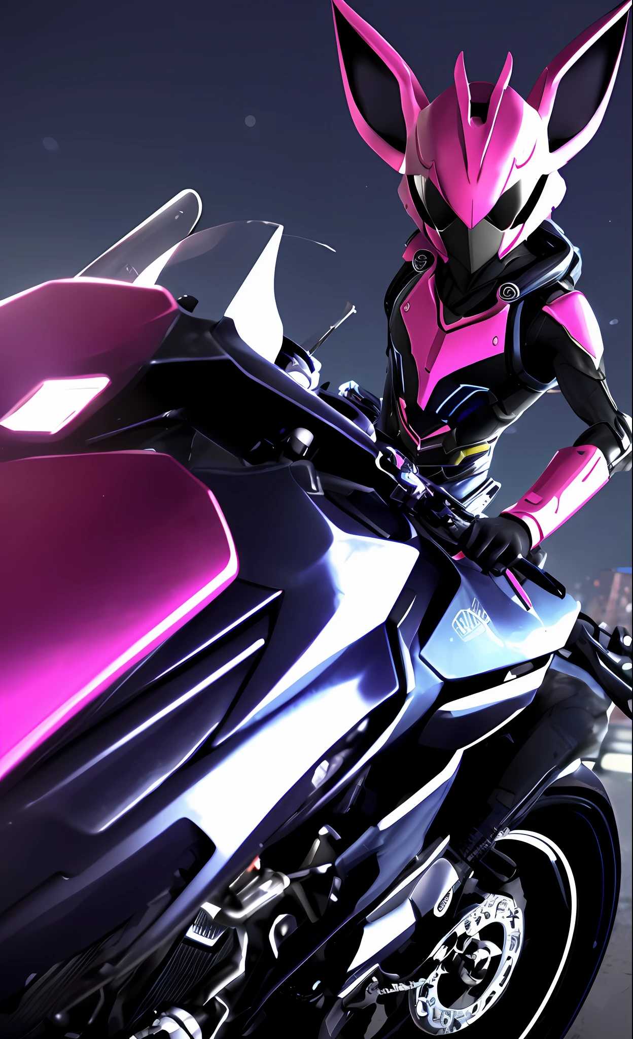 A highly detailed「Kamen Rider in the shape of a rabbit」3D rendering of a|cyborgs]Pink cybernetics and pink armor、nffsw、8K、Sub-surface scattering、Specular Light、Hi-Res、octane renderings、Ray traching、Pink rabbit ears、Mobilesuit、Ride Harachari、natta