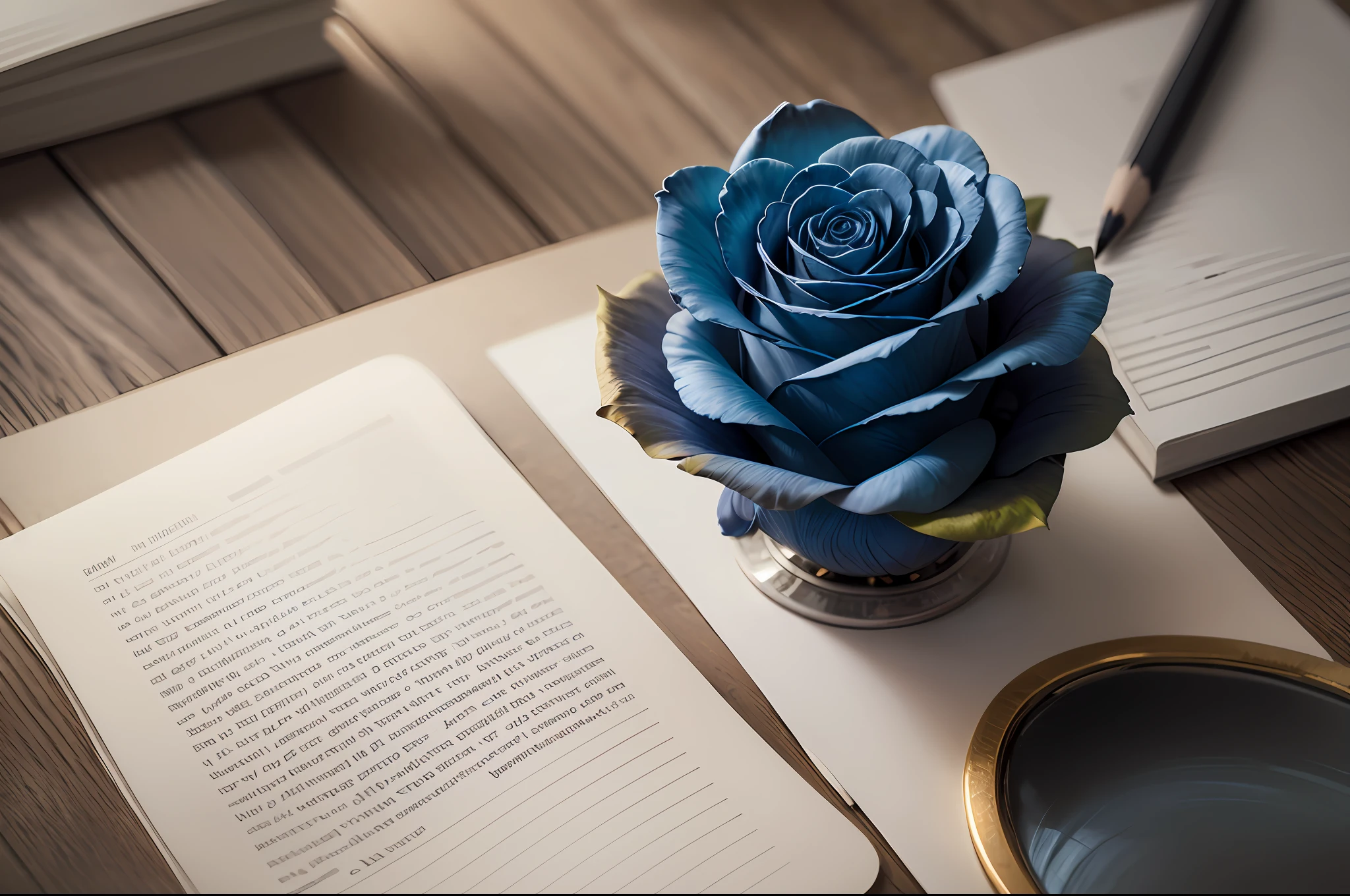 a blue rose on the table next to a pencil paper. View from above. --auto --s2