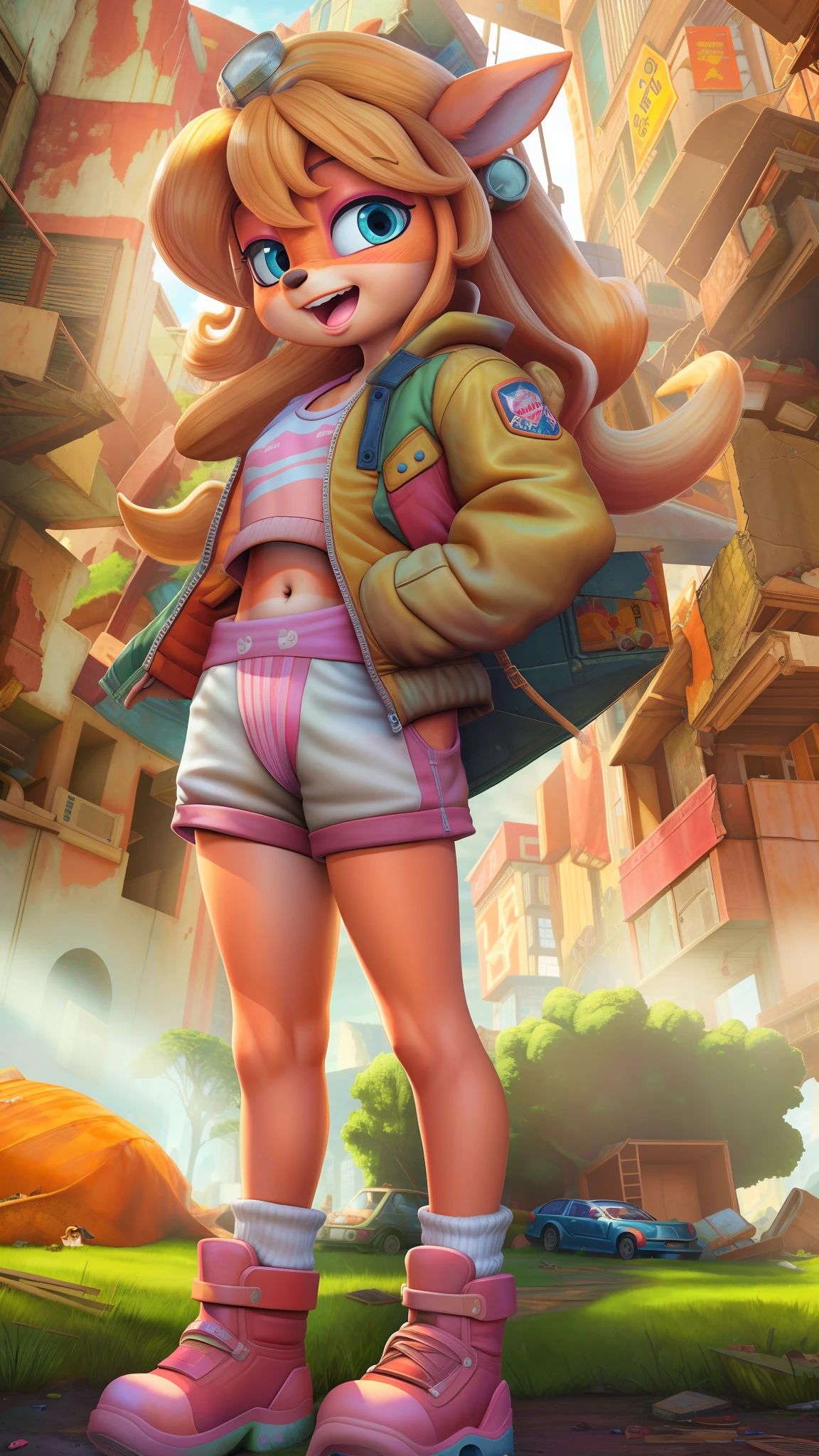beautiful and detailed picture of coco bandicoot, (best quality, insanely detailed illustration:1.2), masterpiece, (((child, kid, very young:1.4))), prepubescent, adorable, epic realistic, hyperdetailed, intricate details, (hdr:1.25), (intricate details:1.14), (hyperrealistic 3d render:1.16), (filmic:0.55), hyperdetailed background, adorable, petite, ruins, cloud, scenery, sky, cloudy sky, outdoors, building, car, motor vehicle, city, rubble, cityscape, ground vehicle, post-apocalypse, dark, debris, sunlight, light rays, road, 1girl, navel, tail, happy, full body, jacket, body fur, standing, underwear, boots, shorts, shelf, border, open clothes, pink shorts, open jacket,, panties, cameltoe, no breasts, half-closed eyes, stomach, blush, no bra, flat chest, butt, from side