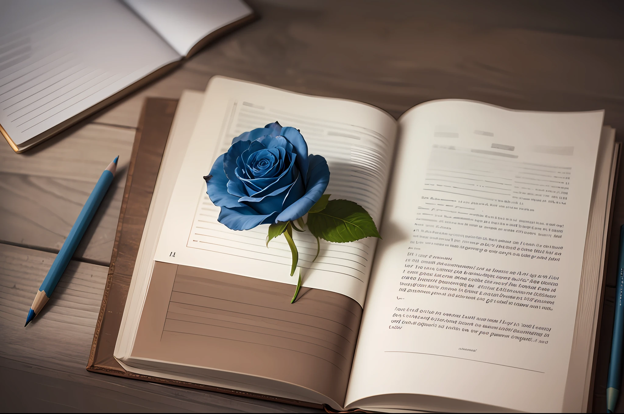 a blue rose on the table next to a pencil paper. View from above. --auto --s2