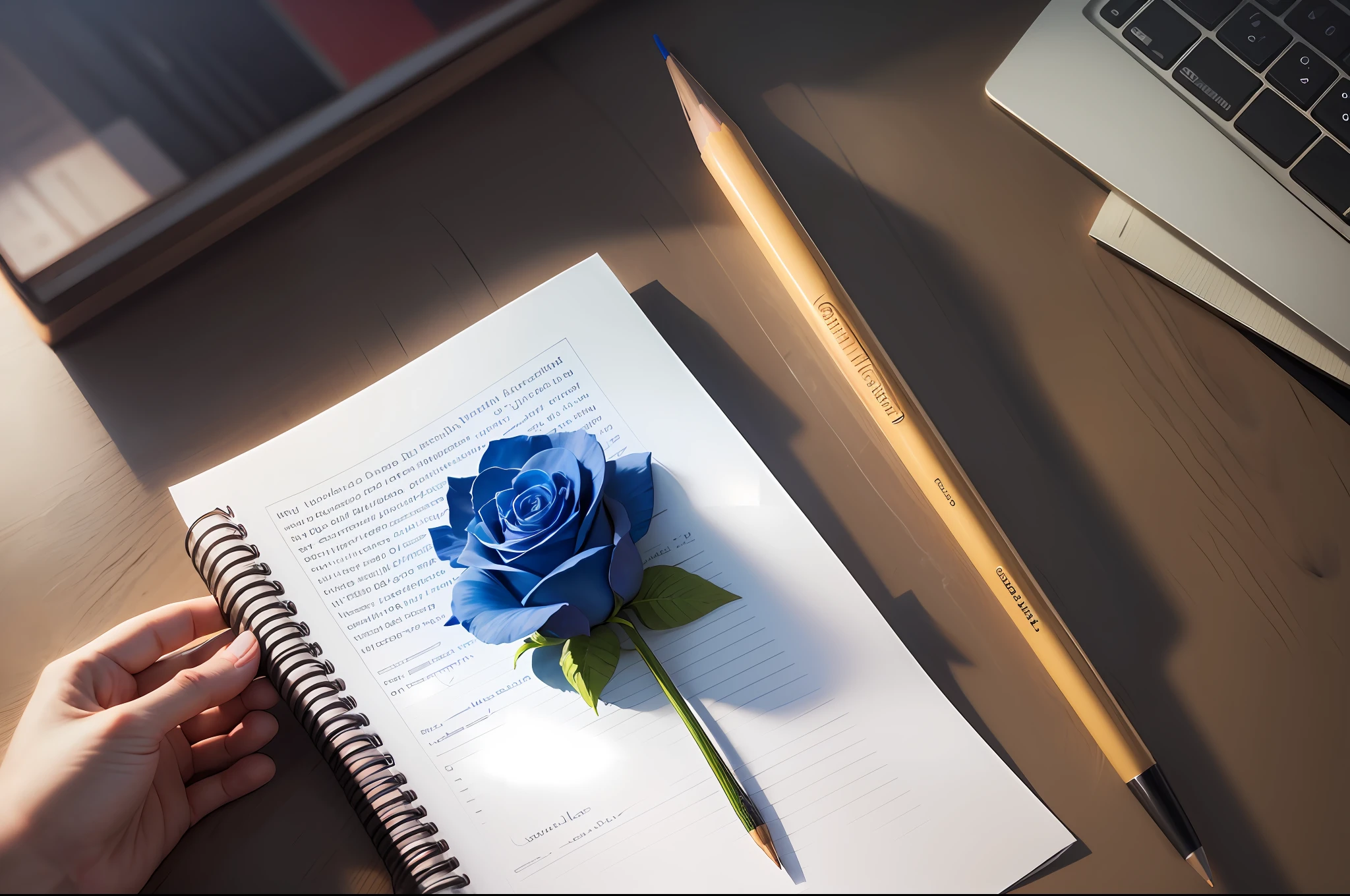 a blue rose on the table next to a pencil paper. View from above. --auto --s2
