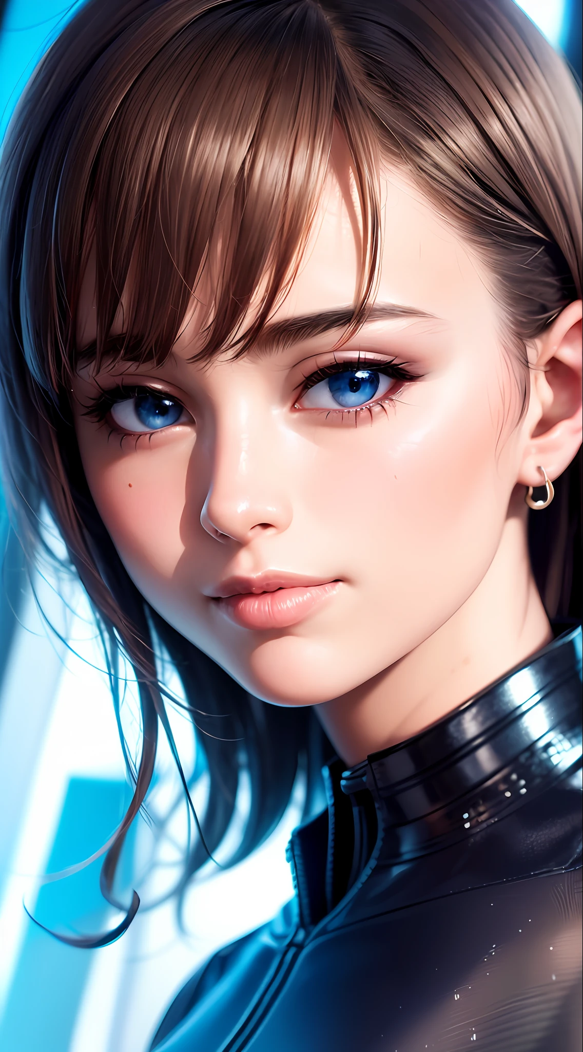 (best quality:1.0), (ultra highres:1.0), 1 girl, detailed beautiful skin, (kind smile:1.0), solo, (masterpiece:1.0), (best quality:1.4), (ultra highres:1.2), (photorealistic:1.4), 8k resolution, Canon EOS R5, 50mm, absurdres, ultra detailed, sharp focus, cinematic lighting, detailed beautiful face, petite figure, detailed skin texture, pale skin, thigh gap, detailed hair, random hair style, perfect eyes, detailed eyes, (glistening skin1.15), ((portrait photo)), hair accessories, ear rings, futuristic, complex background, cyberpunk city street, night, cyborg, robotic parts, futuristic weapons and accessories, ray lighting, backlighting, closeup photo, blue tone background