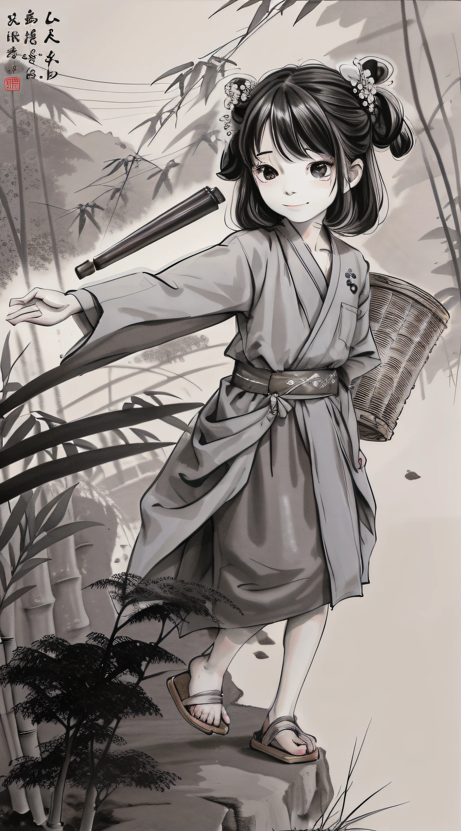 (tmasterpiece),Best picture quality,Good anatomy,ink wash style,(1 boy:1),(The upper part of the body),(ssmile),short detailed hair,(Hanfu),(Little fun 0.5),(the trees:0.5),(blossoms:0.6),(wooden cabin:0.2),(bamboo forrest:0.2),(small stream:0.2),(rios:0.2)Carrying a bamboo basket,stooped,Bamboo in hand,Hit the dog