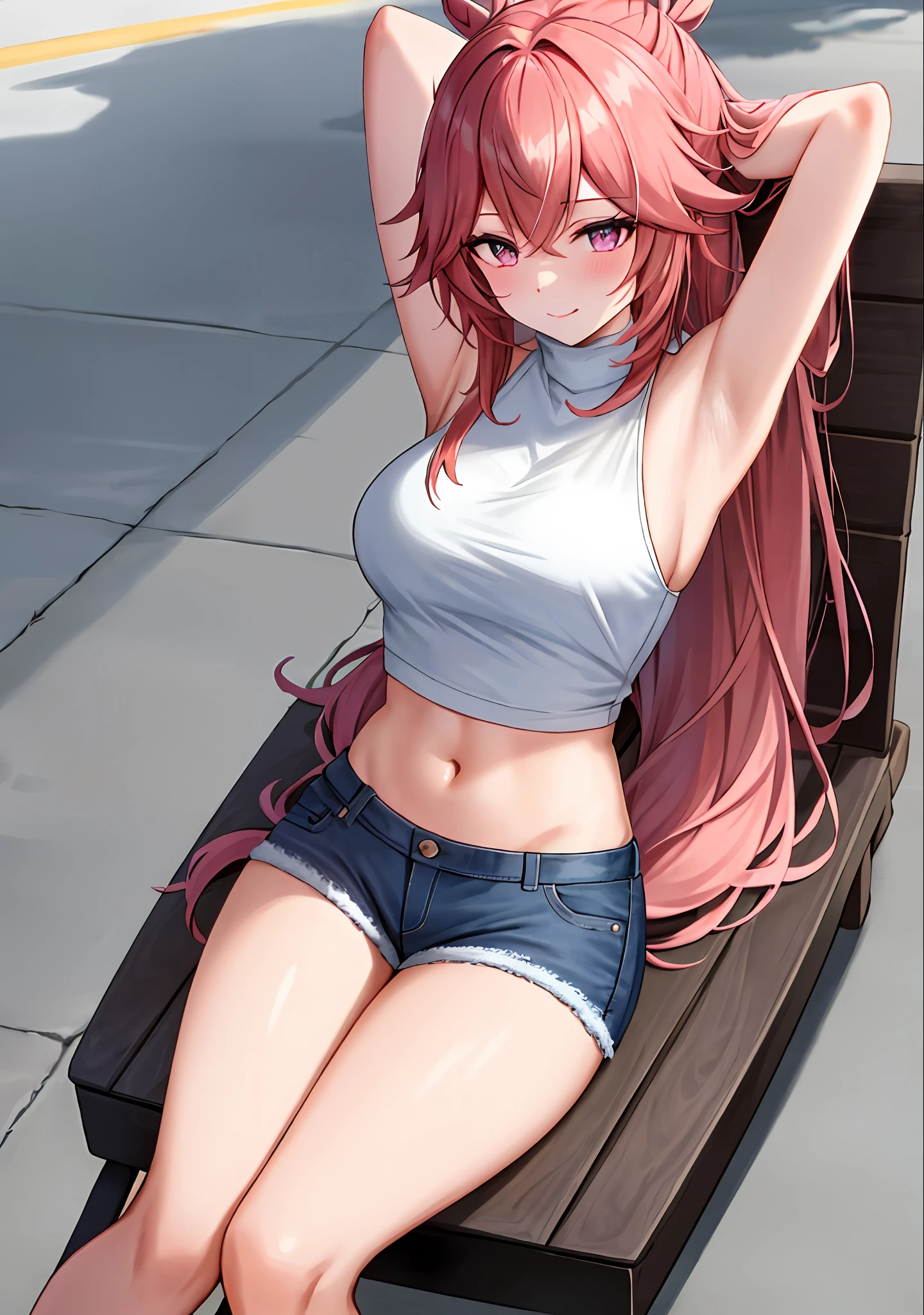 (masterpiece, best quality, ultra-detailed), keqing \(genshin impact\), (red hair), cone hair bun, twin tails, long hair, swept bangs, braid, braided bangs, purple eyes, pink eyes,
(wearing a t-shirt:1.2), sitting on a chair outside of caf, embracing the natural beauty, sunlight, beautiful cloudy sky, city, street, denim shorts, black stocking,
medium breasts, thick thighs, critical angle, cowboy shot, arm behind head, arm behind back, armpits, light smile, crop top, strong and seductive expressions,,