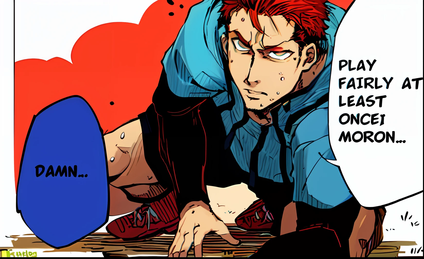 a anime of a man with firebrick hair color, crawl, short khaki eyes color, blue strip shirt, uniform soccer, sweat, sweatdrop, text bubble speech, color manga, manga color, color manga, color manga panel, simple background, a white background