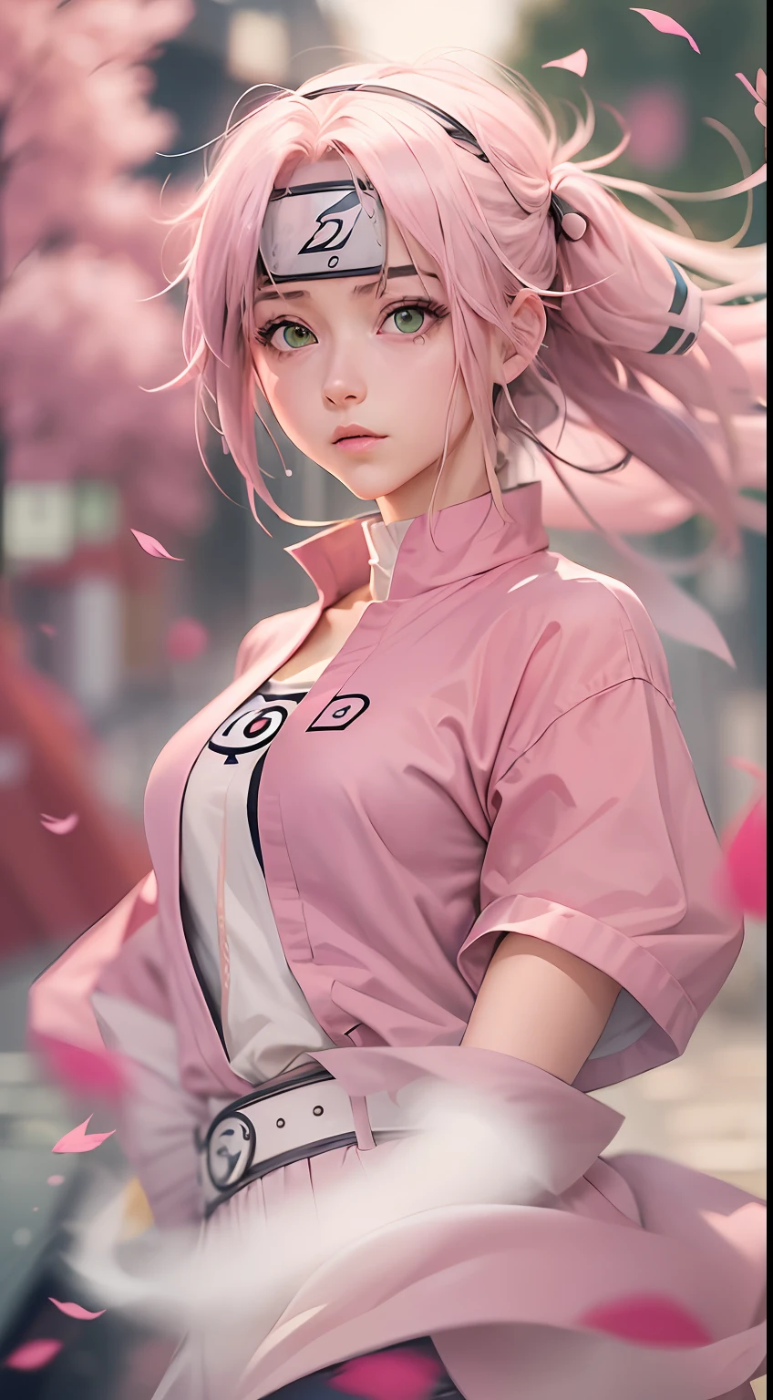 masterpiece, absurdness, 1girl with green eyes, (((Haruno Sakura))), (Naruto Shippuden), solo, wearing pink shirt, headband with the ((symbol from the Hidden Leaf Village)), looking at viewer, floating hair, wind, anime style 4 k, realistic anime art style, anime style. 8k, beautiful anime girl