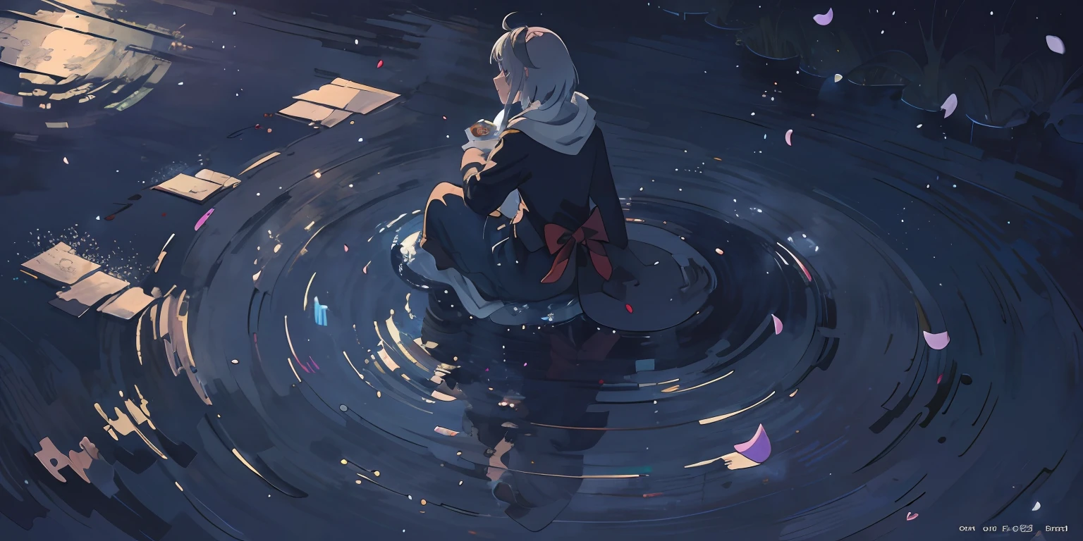 (best-quality:0.8), (best-quality:0.8), The perfect anime illustration for broken introspection，Quiet night，rays of moonlight，petals，