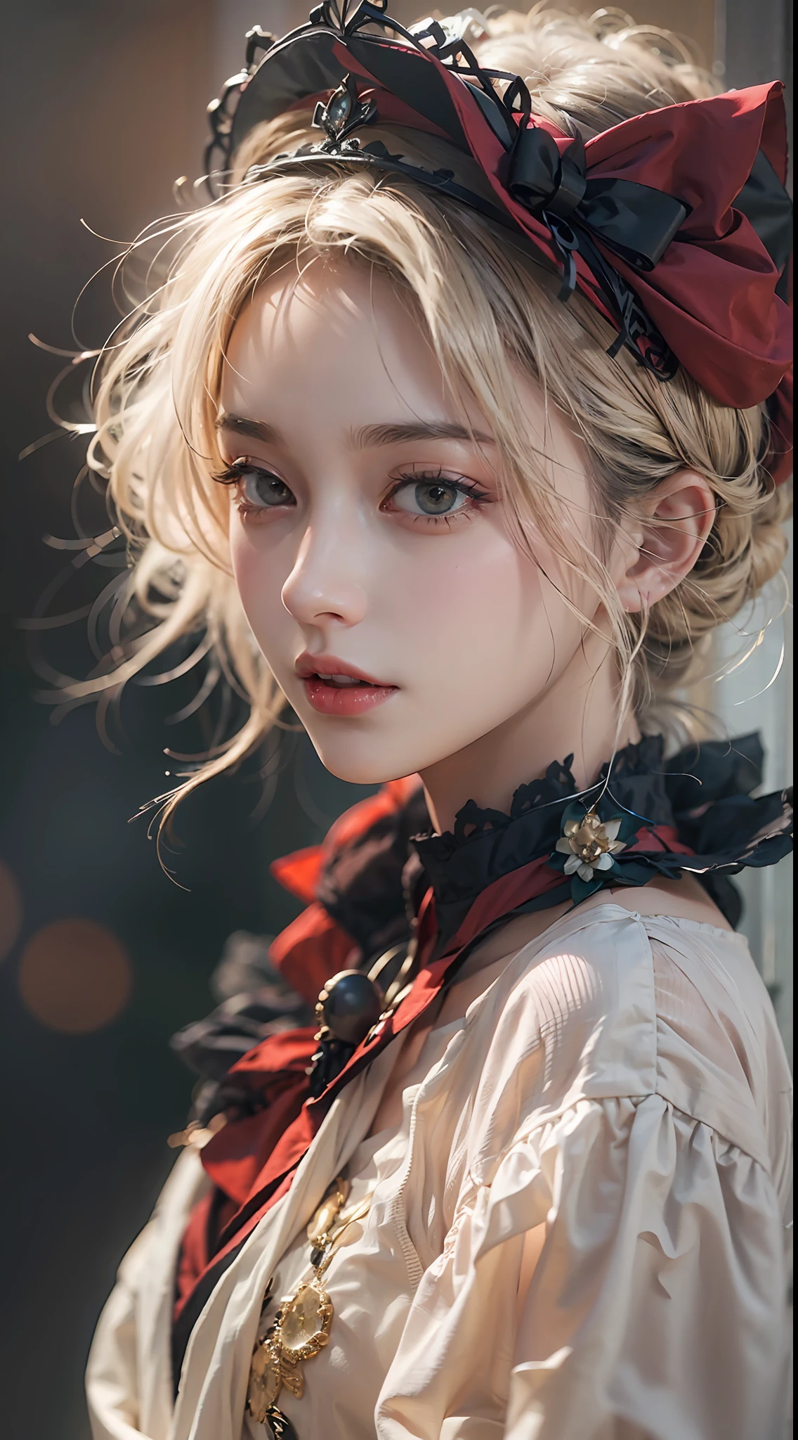 A beautiful young woman poses outside，A half body，dreamy hazy，In the style of Kawacy, Dark red and light black,webcam photography, Detailed costumes, Rodenstock Imagon 300mm F/5.8, Realistic impressions，soothing tones，pastel colour，