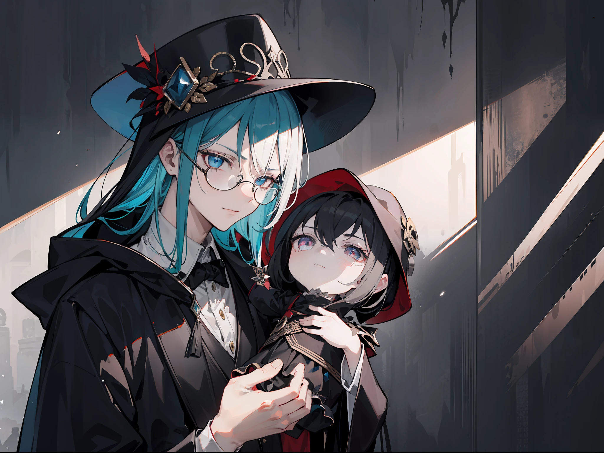Draw the enigmatic character of Aldrian, the Maker of Legendary Dolls, whose appearance is captivatingly mysterious. He have evil smile. He is adorned in a long, flowing black suit cloak that exudes an air of darkness surrounding him. A fedora hat perched on his head adds to the mystique, partially shrouding his face in shadow. His black tinted glasses enhance the visual allure and add an extra touch of enigma. In the illustration, Aldrian can be seen holding a living doll in one hand, asserting his fearsome abilities. The background could be a dark environment filled with dolls he has transformed in the past, creating an atmosphere that is both mysterious and profound. Furthermore, portray his facial expression with ambiguity, reflecting the inner conflict and remorse that envelopes this tragic figure. With your artistic flair, depict Aldrian with intricate details and creativity to evoke curiosity and spark the imagination of the viewers.