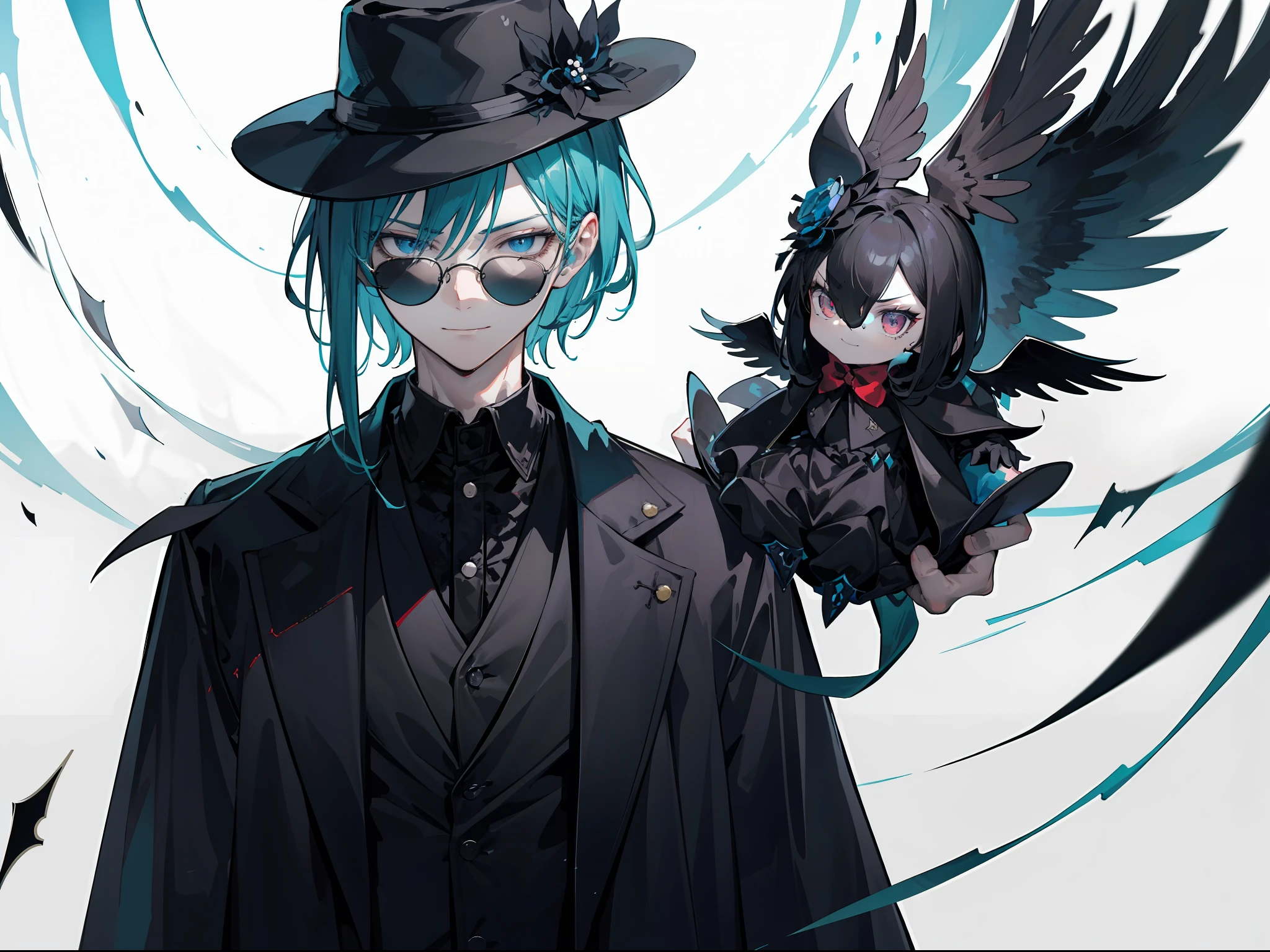 Draw the enigmatic character of Aldrian, the Maker of Legendary Dolls, whose appearance is captivatingly mysterious. He have evil smile. He is adorned in a long, flowing black suit cloak that exudes an air of darkness surrounding him. A fedora hat perched on his head adds to the mystique, partially shrouding his face in shadow. His black tinted glasses enhance the visual allure and add an extra touch of enigma. In the illustration, Aldrian can be seen holding a living doll in one hand, asserting his fearsome abilities. The background could be a dark environment filled with dolls he has transformed in the past, creating an atmosphere that is both mysterious and profound. Furthermore, portray his facial expression with ambiguity, reflecting the inner conflict and remorse that envelopes this tragic figure. With your artistic flair, depict Aldrian with intricate details and creativity to evoke curiosity and spark the imagination of the viewers.