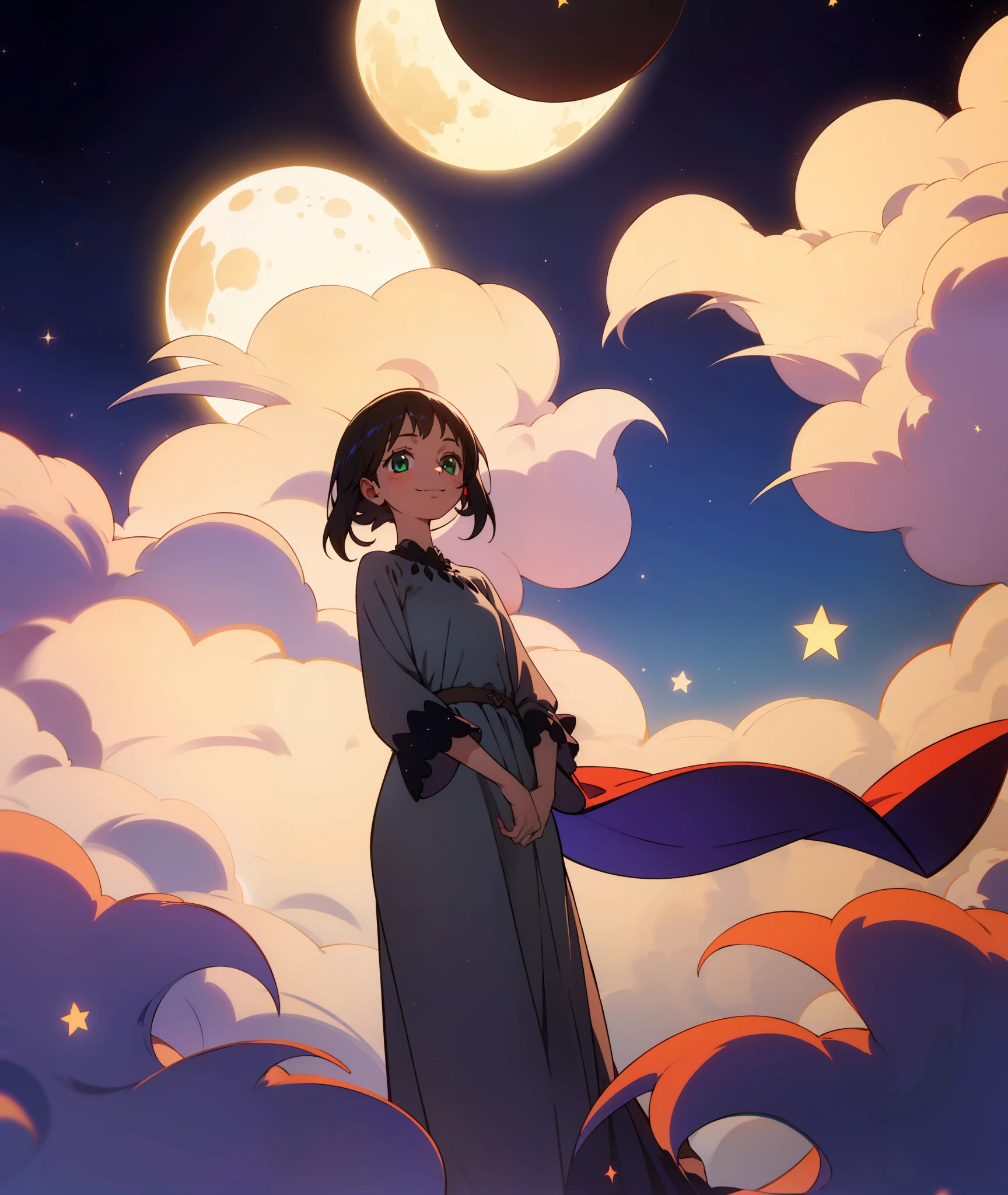 1girl, black hair, green eyes, grey dress, long sleeve, long dress, shy, stars, star, night, moon, calm, small smile, shy, meek, face