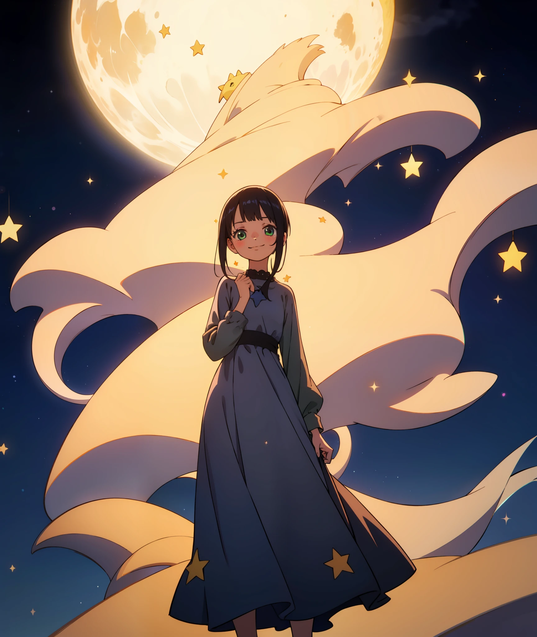 1girl, black hair, green eyes, grey dress, long sleeve, long dress, shy, stars, star, night, moon, calm, small smile, shy, meek, face