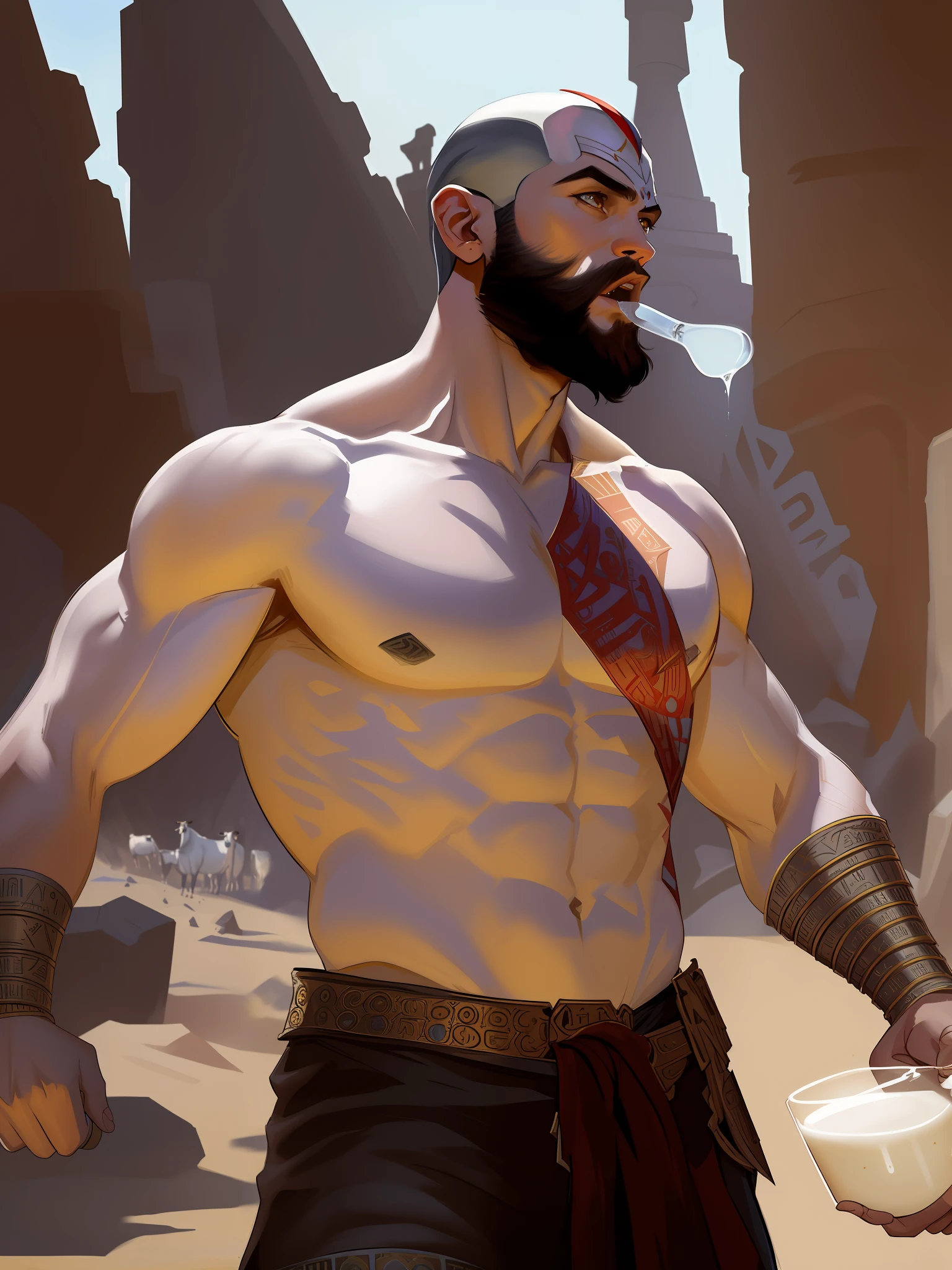 beard kratos person, ((drinking milk directly from the cow)), dressed in Egyptian spaulders, bursting into fury, flexing arms, blades, pharaoh armor, gold, lapiz lazuli, hieroglyphs, boots, desert, pyramids, soft impressionist perfect composition, character portrait, intricate, oil on canvas, masterpiece, expert, insanely detailed, 4k resolution, john william waterhouse, charlie bowater, agnes cecile, Mucha, Gabriel Ferrier, composition, beautiful detailed intricate insanely detailed octane render trending on artstation, 8k artistic photography