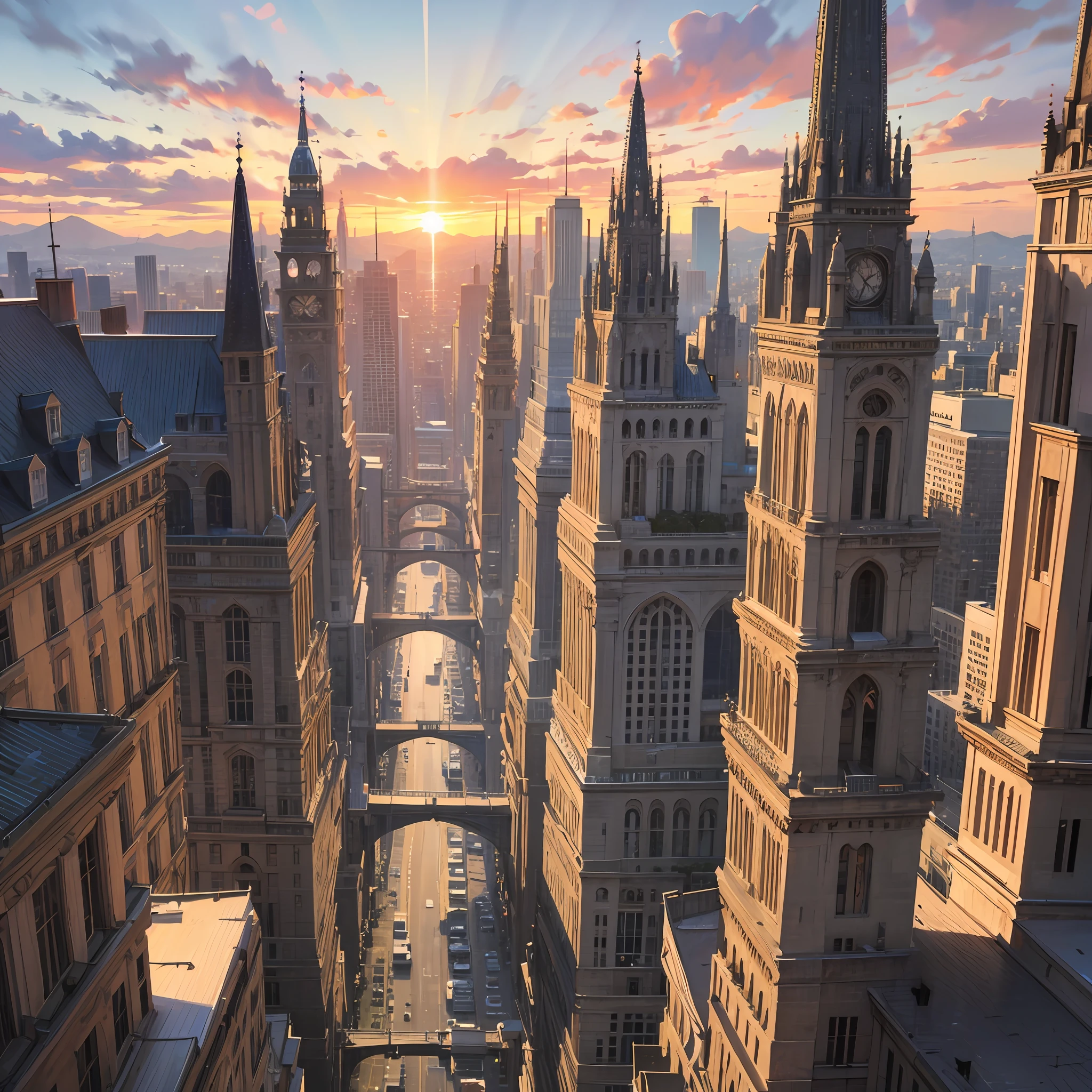 landscapes、high-level image quality、top-quality、Medieval style cityscape、The moment of sunrise、Western countries --auto