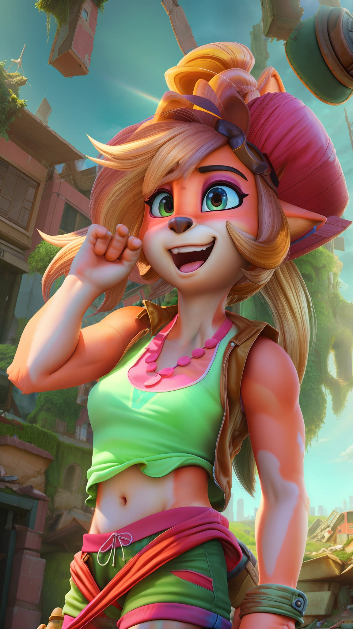 beautiful and detailed picture of coco bandicoot, (best quality, insanely detailed illustration:1.2), masterpiece, (((:1.4))), prepubescent, adorable, epic realistic, hyperdetailed, intricate details, (hdr:1.25), (intricate details:1.14), (hyperrealistic 3d render:1.16), (filmic:0.55), hyperdetailed background, adorable, petite, ruins, cloud, scenery, sky, cloudy sky, outdoors, building, car, motor vehicle, city, rubble, cityscape, ground vehicle, post-apocalypse, dark, debris, sunlight, light rays, road, 1girl, navel, tail, happy, full body, jacket, body fur, standing, underwear, boots,  shorts, shelf, border, open clothes, pink shorts, open jacket,, panties, cameltoe, no breasts, half-closed eyes, stomach, blush, no bra, flat chest, butt, from side