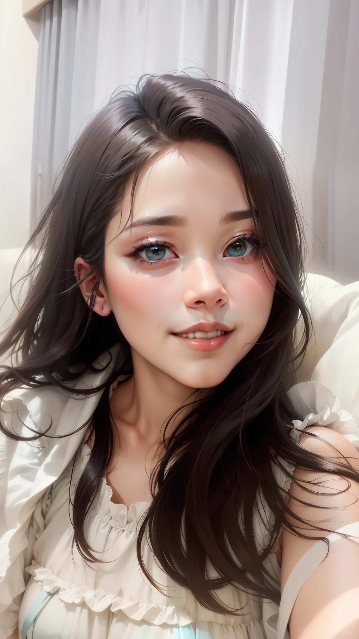 （best qualtiy）， （tmasterpiece）， （A high resolution）， Original， Extremely detailed 8k wallpaper， （An extremely delicate）， best qualtiy， tmasterpiece，  超A high resolution， （Photorealsitic：1.4）， RAW photogr，  Photo of young girl in Taiwan， （Transparent fabric：1.25）（baggy：1.5）Lace strapless dress， （（puffy eye））， deep shading， low tune， cold light， Deep contrast， Bokeh， depth of fields， Angle below， low angles， （looking at viewert， Smiling softly），  （（The upper part of the body））， （（Straight Photos））， exposure blend， Medium beat， Bokeh， （hdr：1.4）， hight contrast， （cinematic ligh、Teal and orange：0.85）， （pastelcolor， soothing tones：1.3），